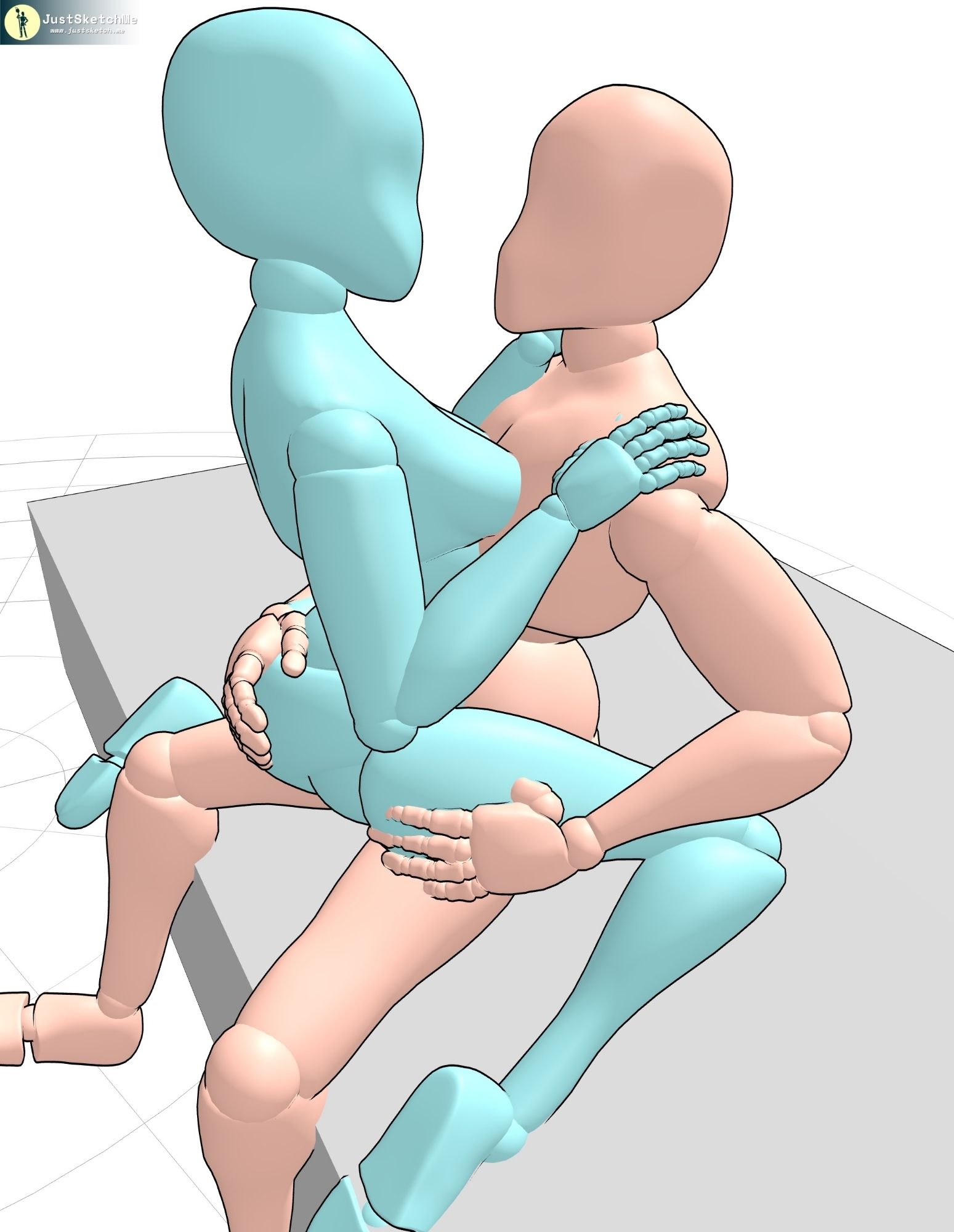 A screenshot of 2 3D doll figured sitting on a box. One figure is straddling the other.