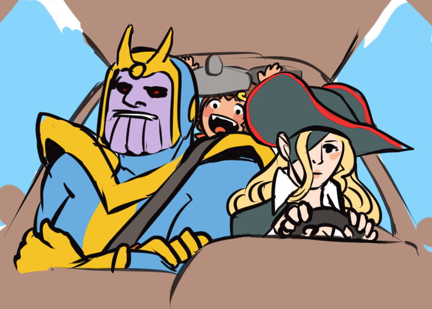 thanos, ruby heart, and sonson from marvel vs capcom piled into a car. ruby heart is driving.