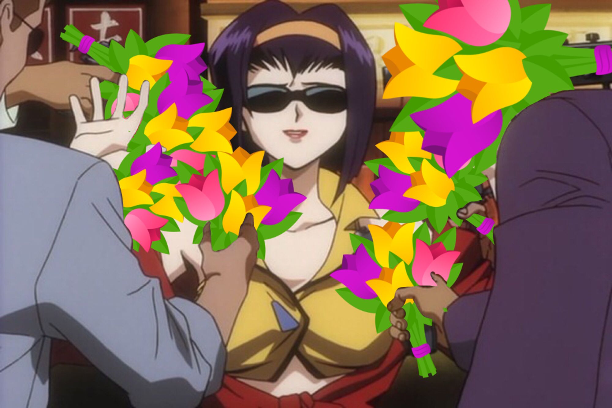 faye valentine beset on all sides by guns, except the guns have been hastily photoshopped into bouquet emojis