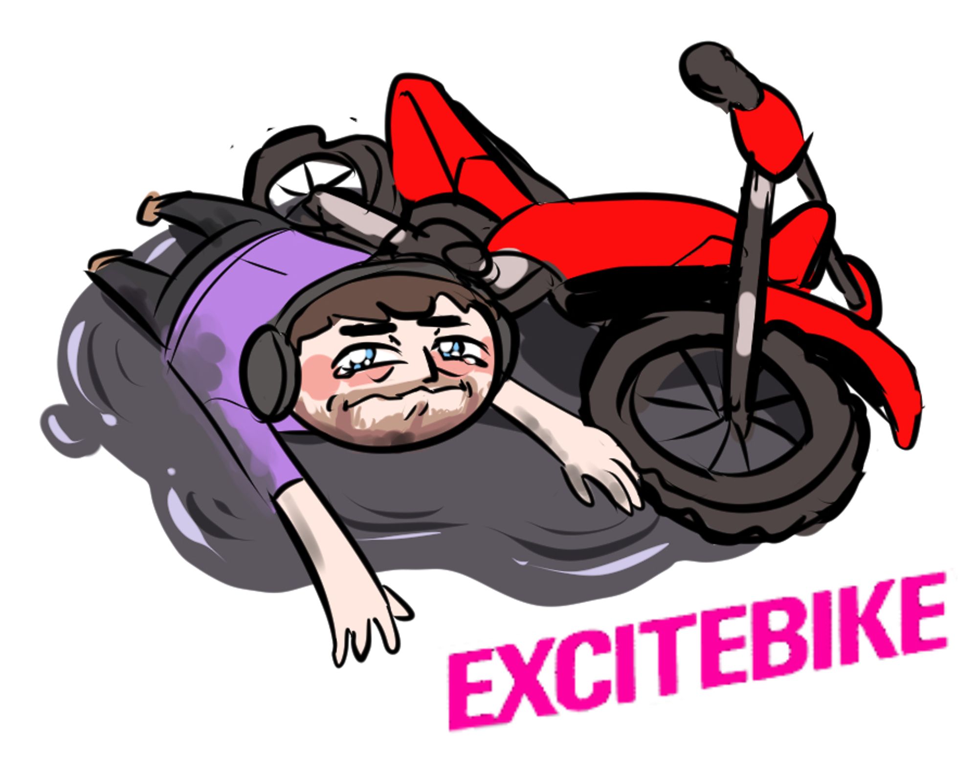 authorblues, the streamer, laying in a puddle of oil next to a tipped-over motorbike. he is on the verge of tears. the EXCITEBIKE logo is shown.