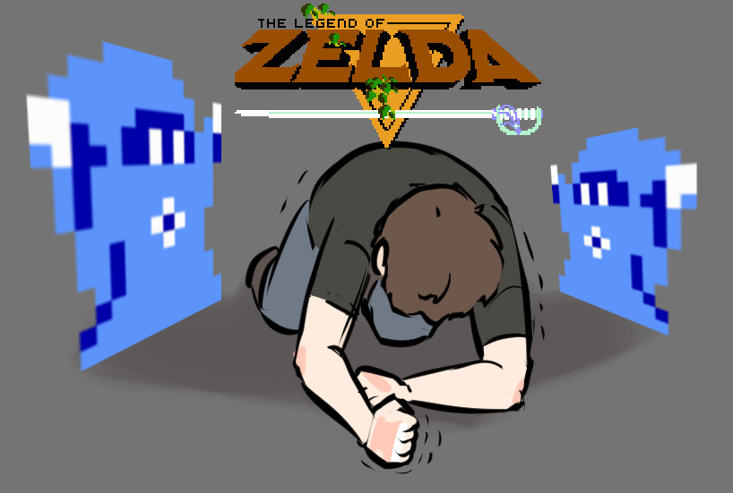 authorblues, a very talented and handsome speedrunner, on his hands and knees, trembling and brought low by the sprites of Zelda 1 Wizzrobes, which beset him on each side. The Legend of Zelda 1 logo is at the top.