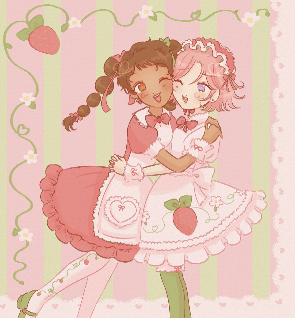 mitsuru tenma and kohaku oukawa wearing strawberry themed outfits 