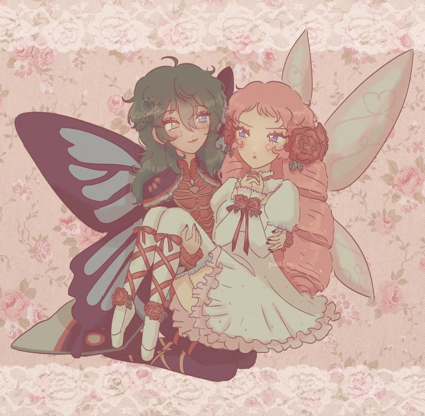 mika kagehira carrying shu itsuki in her arms. they are both dressed like fairies