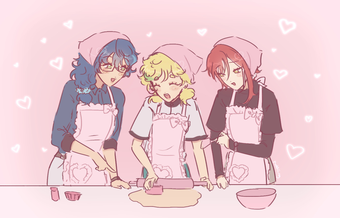 tsumugi aoba, sora harukawa, and natsume sakasaki baking together in matching aprons and bandanas