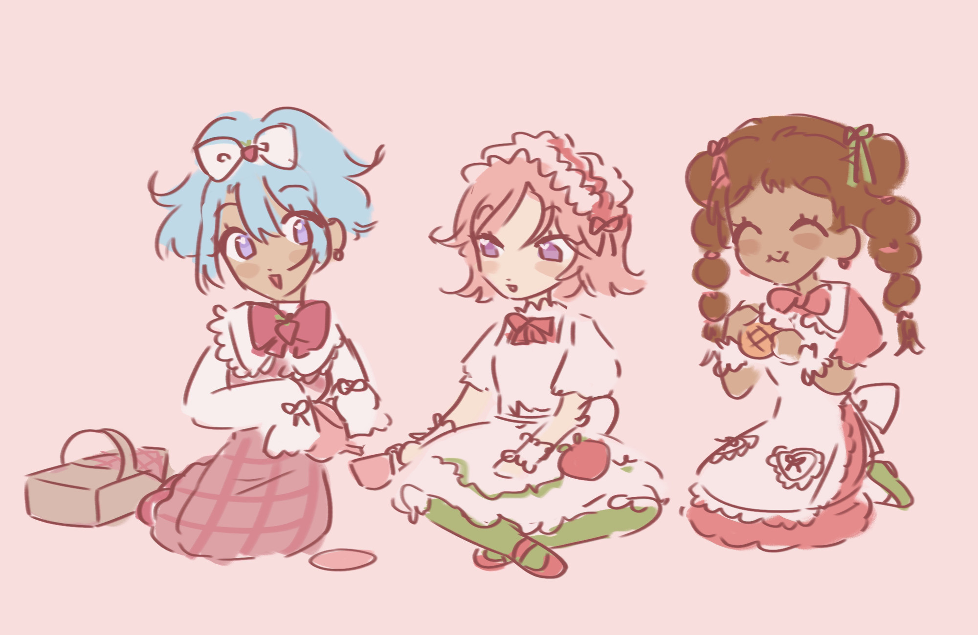 hajime shino, kohaku oukawa, and mitsuru tenma wearing strawberry themed outfits 