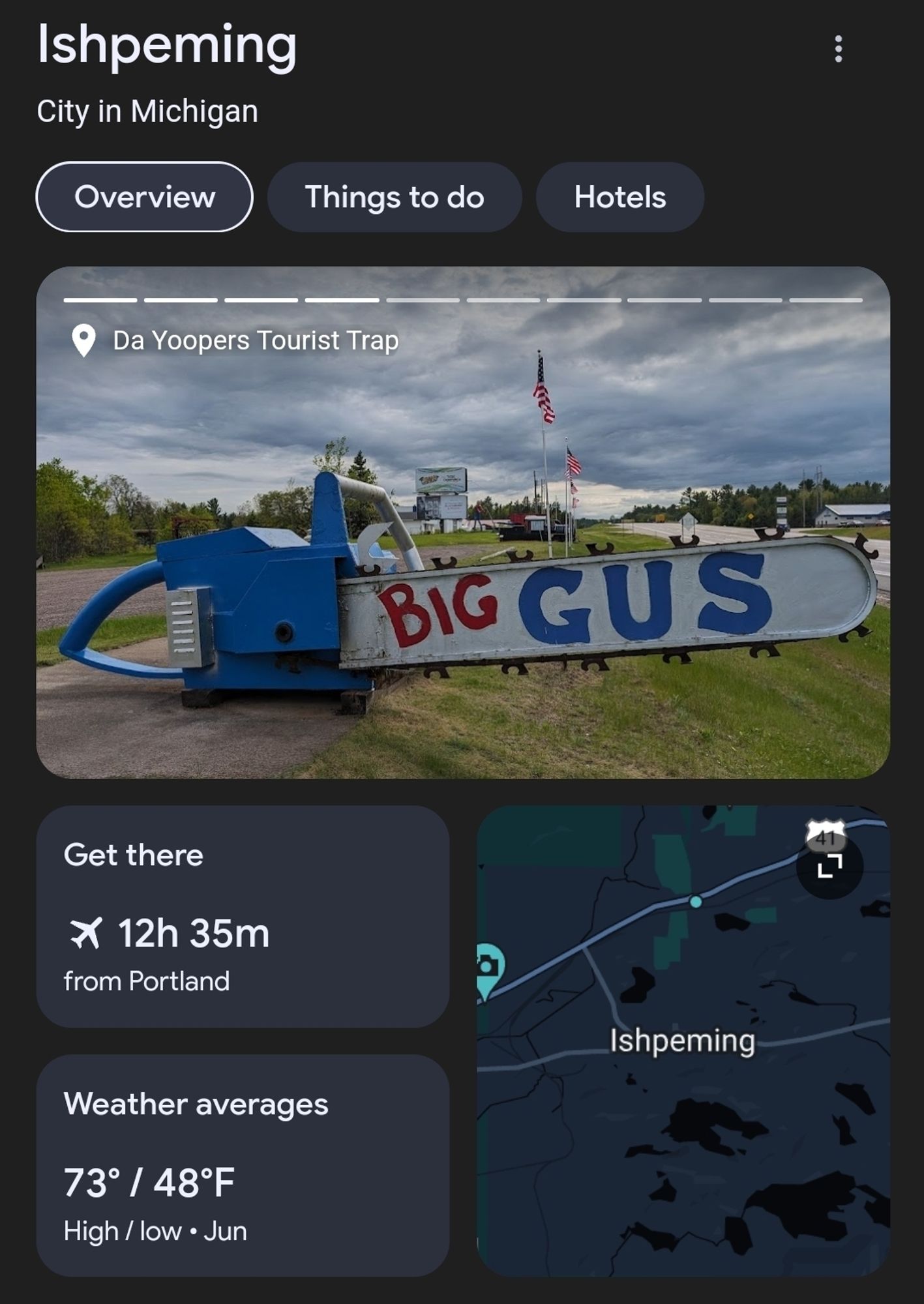 Screenshot of search results for Ishpeming, showing a chain saw labeled "Big Gus"