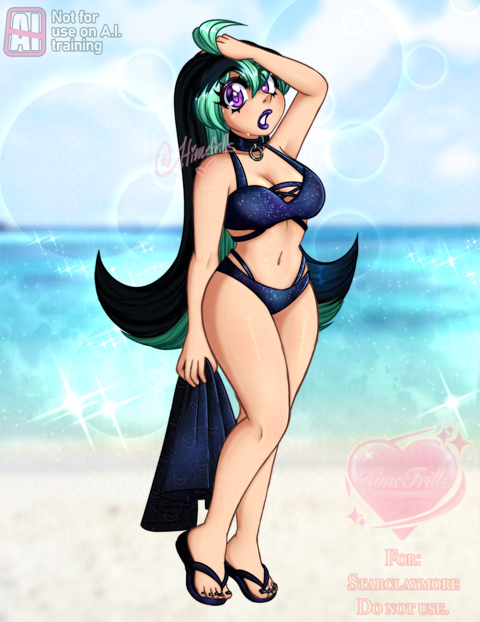 A rendered sketch of Claymore's OC, Lyra. She is wearing flip flops, a choker, and a space themed swimsuit while holding a towel. Behind her is a beach scenery.