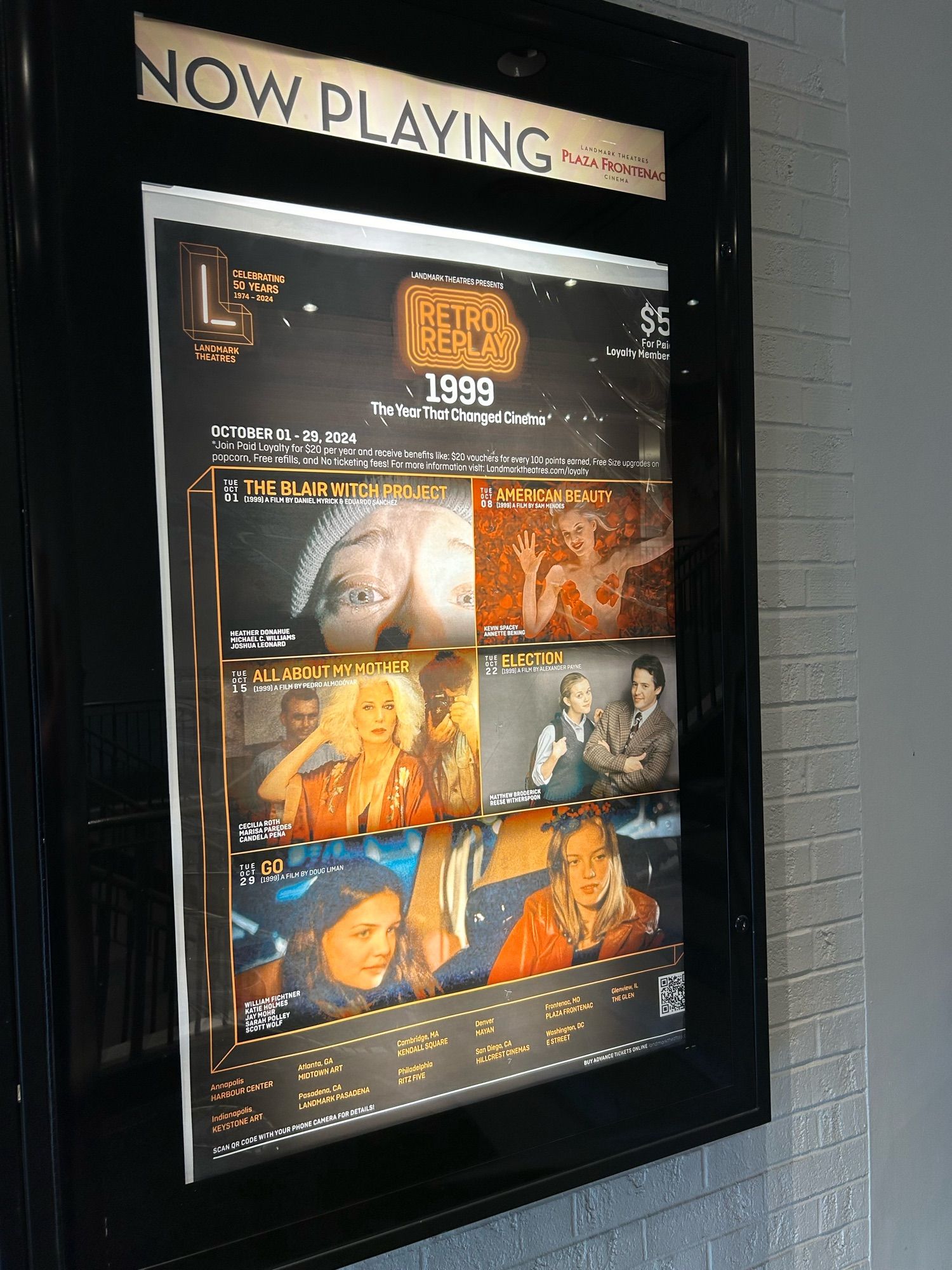 Poster advertising the Retro Replay series at the Landmark Theatre Plaza Frontenac.

1999 - The Year That Changed Cinema

October 1st: The Blair Witch Project
October 8th: American Beauty
October 15th: All About My Mother
October 22nd: Election 
October 29th: Go