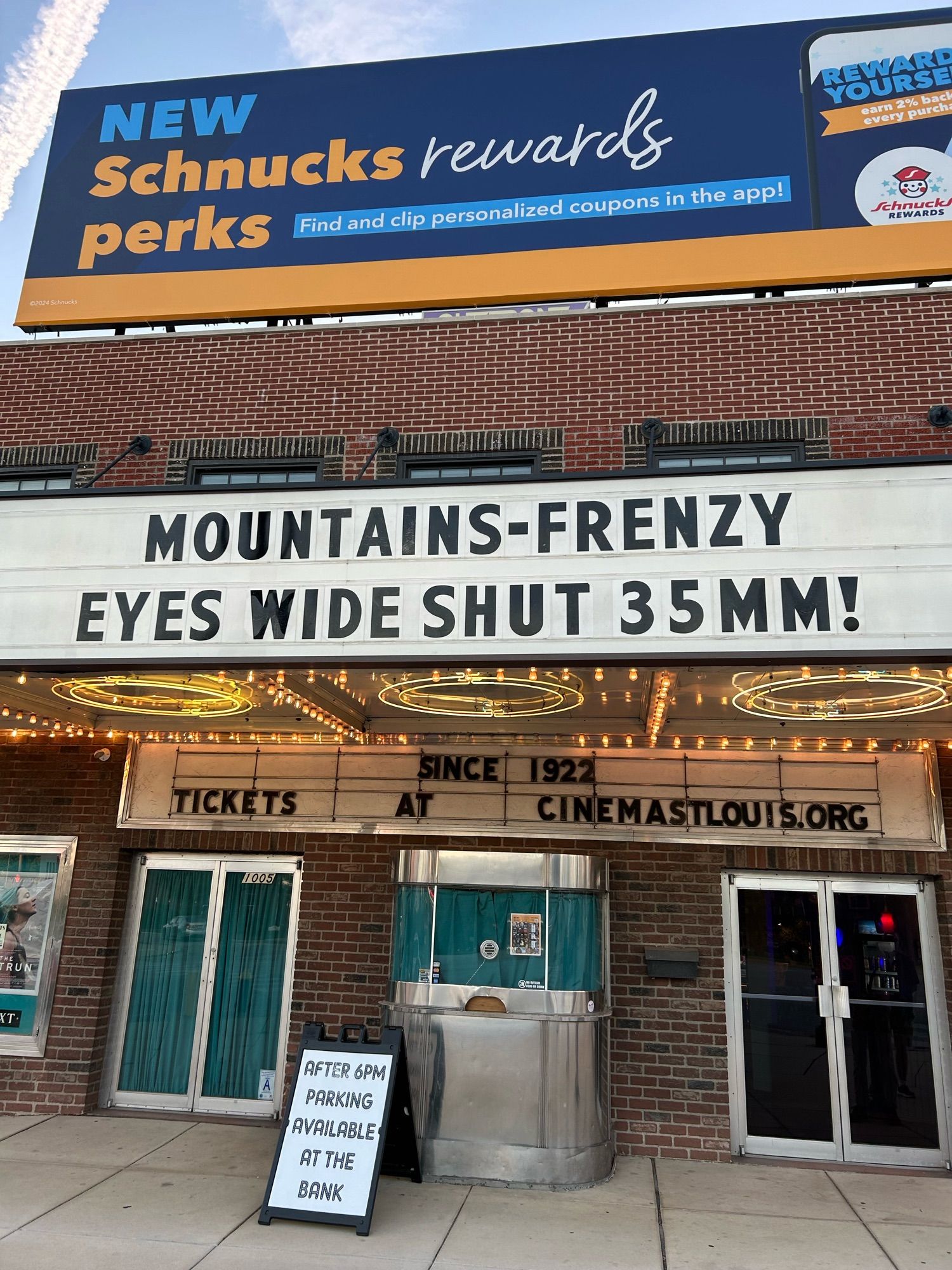 The marquee of the Hi-Pointe Theatre advertising Eyes Wide Shut in 35MM! (And also Mountains and Frenzy.)