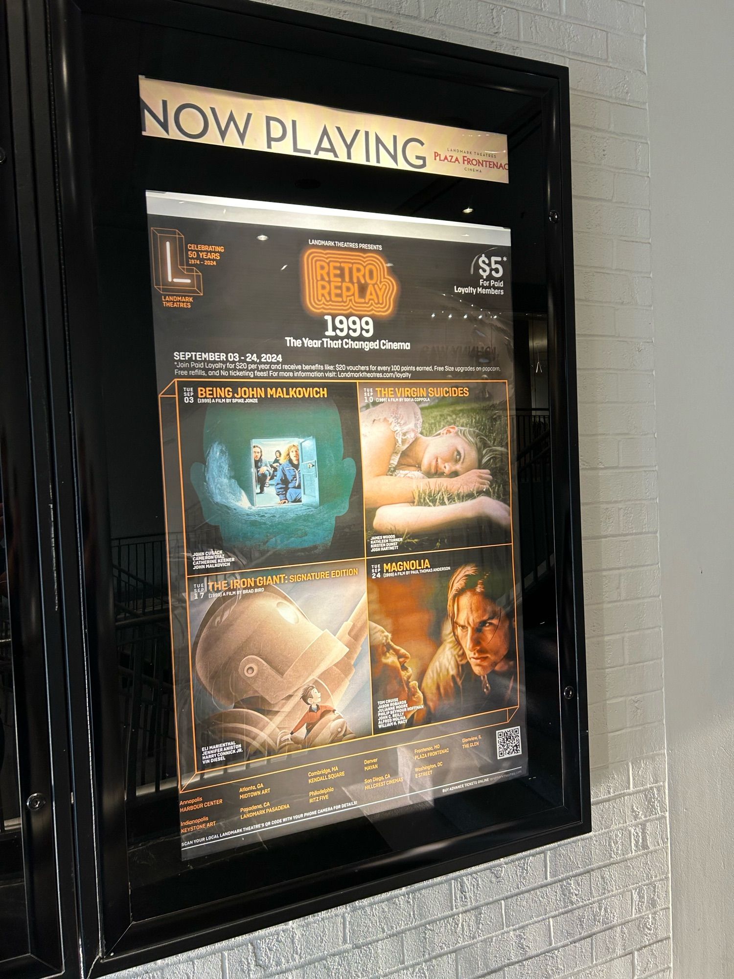 Poster for the Retro Replay series at Landmark Theatres:

1999 - The Year That Changed Cinema
September 3rd: Being John Malkovich
September 10th: The Virgin Suicides
September 17th: The Iron Giant
September 24th: Magnolia