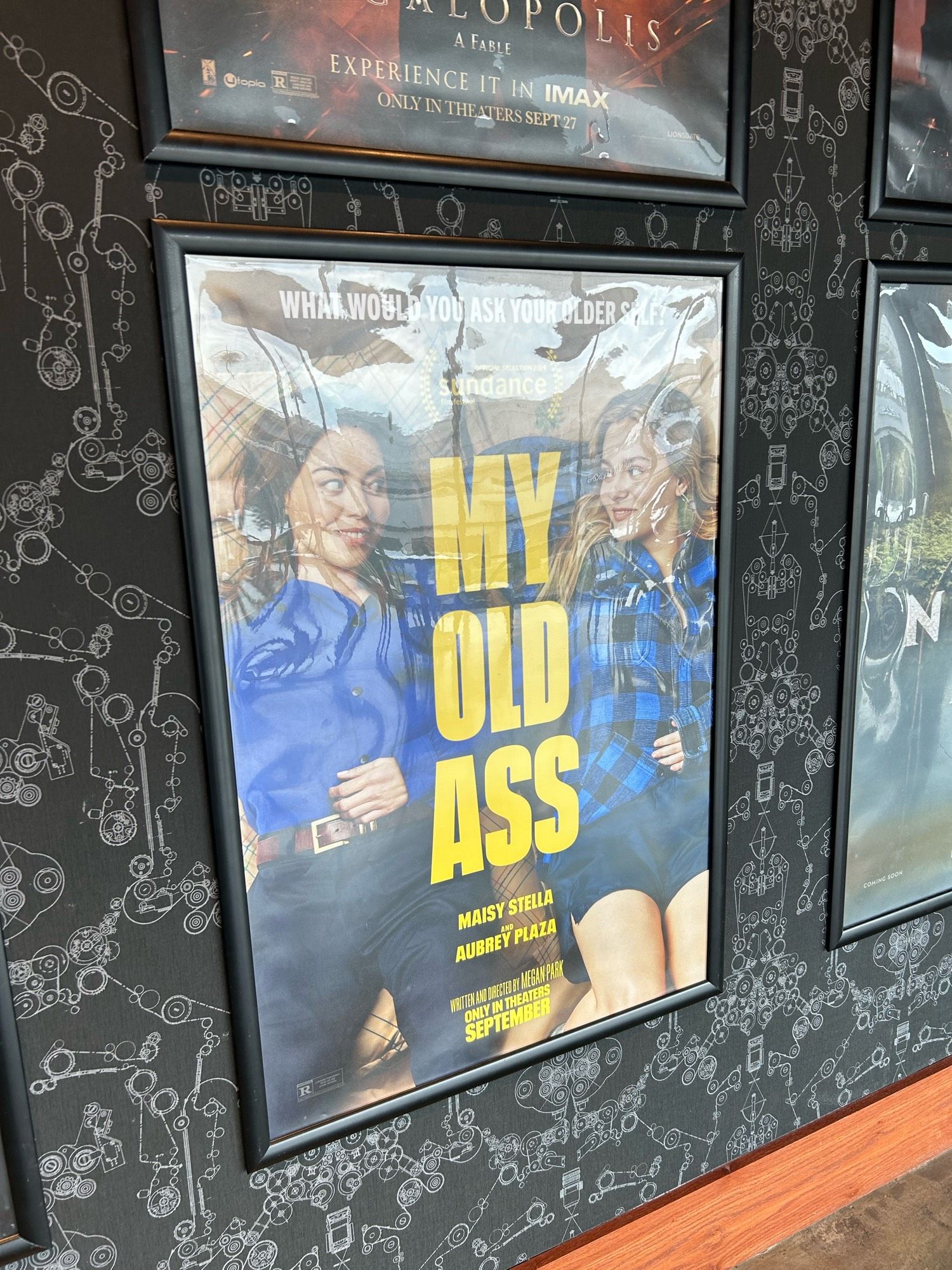 Poster for My Old Ass in the lobby of the St. Louis Alamo Drafthouse.