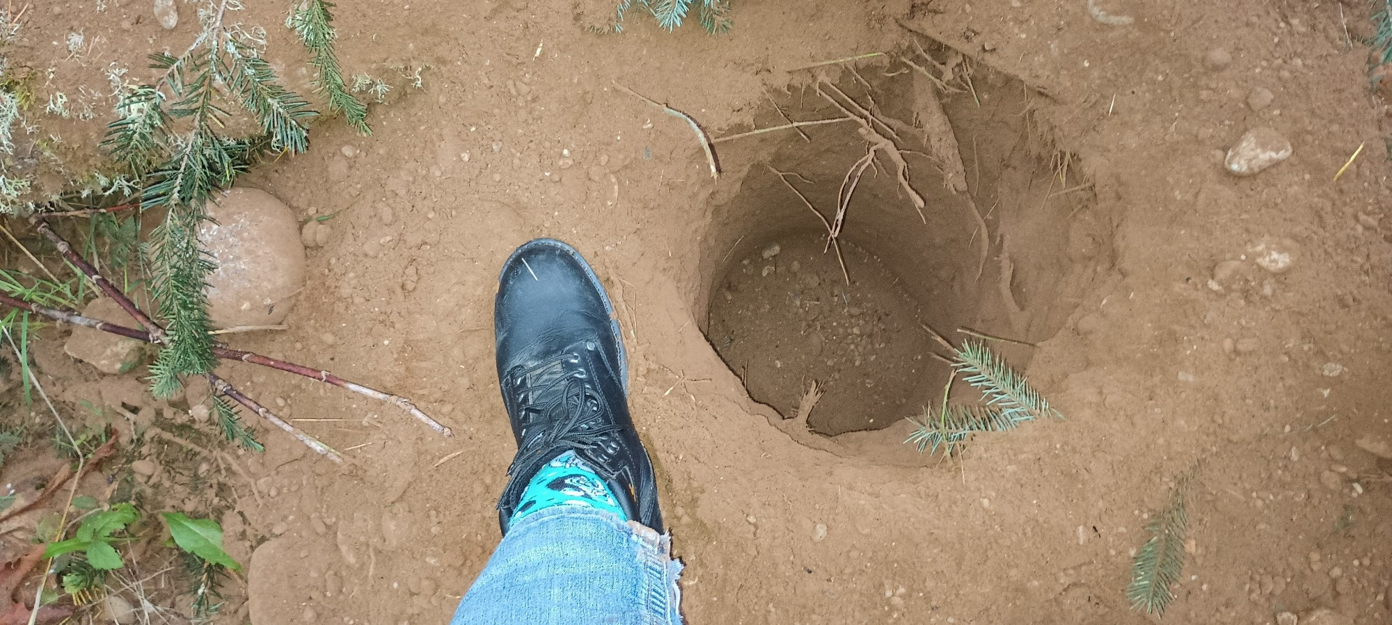 A perfectly round hole in the dirt, about 2 feet deep and a foot around. Next to it is a black boot attached to a denim clad leg.