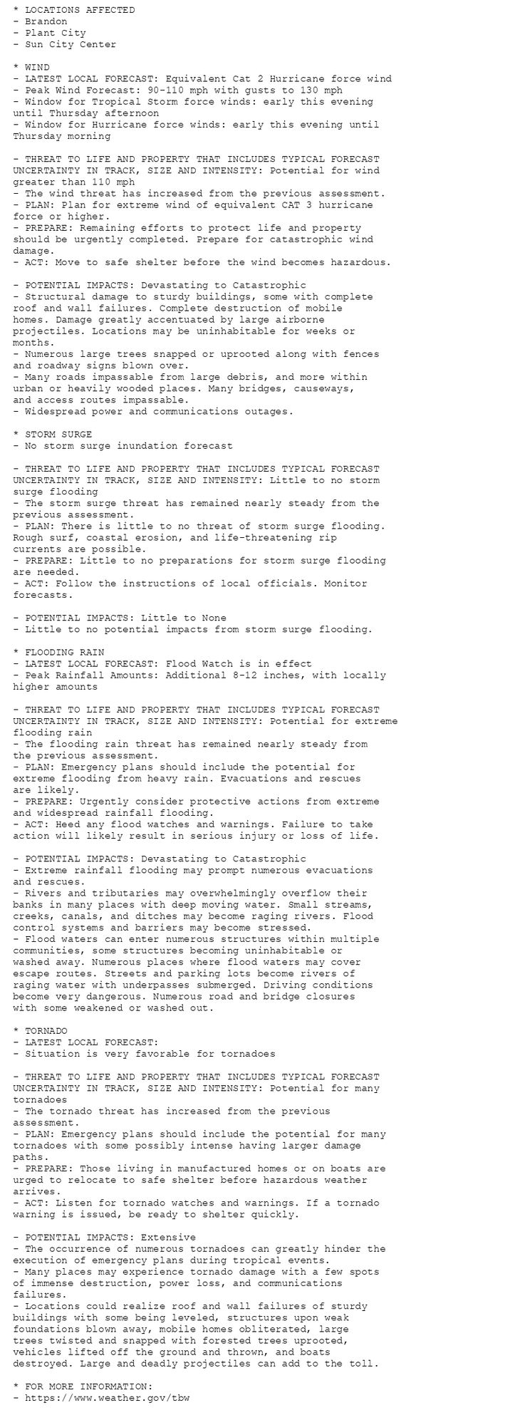 * LOCATIONS AFFECTED
- Brandon
- Plant City
- Sun City Center

* WIND
- LATEST LOCAL FORECAST: Equivalent Cat 2 Hurricane force wind
- Peak Wind Forecast: 90-110 mph with gusts to 130 mph
- Window for Tropical Storm force winds: early this evening
until Thursday afternoon
- Window for Hurricane force winds: early this evening until
Thursday morning

- THREAT TO LIFE AND PROPERTY THAT INCLUDES TYPICAL FORECAST
UNCERTAINTY IN TRACK, SIZE AND INTENSITY: Potential for wind
greater than 110 mph
- The wind threat has increased from the previous assessment.
- PLAN: Plan for extreme wind of equivalent CAT 3 hurricane
force or higher.
- PREPARE: Remaining efforts to protect life and property
should be urgently completed. Prepare for catastrophic wind
damage.
- ACT: Move to safe shelter before the wind becomes hazardous.

- POTENTIAL IMPACTS: Devastating to Catastrophic
- Structural damage to sturdy buildings, some with complete
roof and wall failures. Complete destruction of mobile
homes. Damage greatly accentuated by large airborne
projectiles. Locations may be uninhabitable for weeks or
months.
- Numerous large trees snapped or uprooted along with fences
and roadway signs blown over.
- Many roads impassable from large debris, and more within
urban or heavily wooded places. Many bridges, causeways,
and access routes impassable.
- Widespread power and communications outages.

* STORM SURGE
- No storm surge inundation forecast

- THREAT TO LIFE AND PROPERTY THAT INCLUDES TYPICAL FORECAST
UNCERTAINTY IN TRACK, SIZE AND INTENSITY: Little to no storm
surge flooding
- The storm surge threat has remained nearly steady from the
previous assessment.
- PLAN: There is little to no threat of storm surge flooding.
Rough surf, coastal erosion, and life-threatening rip
currents are possible.
- PREPARE: Little to no preparations for storm surge flooding
are needed.
- ACT: Follow the instructions of local officials. Monitor
forecasts.

- POTENTIAL IMPACTS: Little to None
- Little to no potential impacts from storm surge flooding.

* FLOODING RAIN
- LATEST LOCAL FORECAST: Flood Watch is in effect
- Peak Rainfall Amounts: Additional 8-12 inches, with locally
higher amounts

- THREAT TO LIFE AND PROPERTY THAT INCLUDES TYPICAL FORECAST
UNCERTAINTY IN TRACK, SIZE AND INTENSITY: Potential for extreme
flooding rain
- The flooding rain threat has remained nearly steady from
the previous assessment.
- PLAN: Emergency plans should include the potential for
extreme flooding from heavy rain. Evacuations and rescues
are likely.
- PREPARE: Urgently consider protective actions from extreme
and widespread rainfall flooding.
- ACT: Heed any flood watches and warnings. Failure to take
action will likely result in serious injury or loss of life.

- POTENTIAL IMPACTS: Devastating to Catastrophic
- Extreme rainfall flooding may prompt numerous evacuations
and rescues.
- Rivers and tributaries may overwhelmingly overflow their
banks in many places with deep moving water. Small streams,
creeks, canals, and ditches may become raging rivers. Flood
control systems and barriers may become stressed.
- Flood waters can enter numerous structures within multiple
communities, some structures becoming uninhabitable or
washed away. Numerous places where flood waters may cover
escape routes. Streets and parking lots become rivers of
raging water with underpasses submerged. Driving conditions
become very dangerous. Numerous road and bridge closures
with some weakened or washed out.

* TORNADO
- LATEST LOCAL FORECAST:
- Situation is very favorable for tornadoes

- THREAT TO LIFE AND PROPERTY THAT INCLUDES TYPICAL FORECAST
UNCERTAINTY IN TRACK, SIZE AND INTENSITY: Potential for many
tornadoes
- The tornado threat has increased from the previous
assessment.
- PLAN: Emergency plans should include the potential for many
tornadoes with some possibly intense having larger damage
paths.
- PREPARE: Those living in manufactured homes or on boats are
urged to relocate to safe shelter before hazardous weather
arrives.
- ACT: Listen for tornado watches and warnings. If a tornado
warning is issued, be ready to shelter quickly.

- POTENTIAL IMPACTS: Extensive
- The occurrence of numerous tornadoes can greatly hinder the
execution of emergency plans during tropical events.
- Many places may experience tornado damage with a few spots
of immense destruction, power loss, and communications
failures.
- Locations could realize roof and wall failures of sturdy
buildings with some being leveled, structures upon weak
foundations blown away, mobile homes obliterated, large
trees twisted and snapped with forested trees uprooted,
vehicles lifted off the ground and thrown, and boats
destroyed. Large and deadly projectiles can add to the toll.

* FOR MORE INFORMATION:
- https://www.weather.gov/tbw