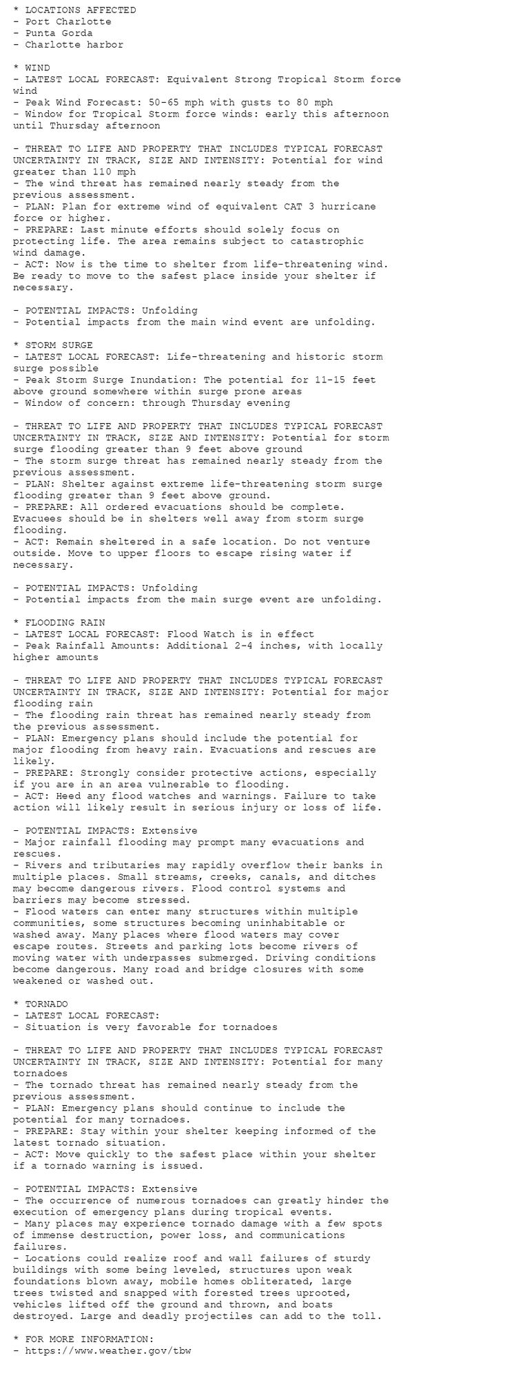 * LOCATIONS AFFECTED
- Port Charlotte
- Punta Gorda
- Charlotte harbor

* WIND
- LATEST LOCAL FORECAST: Equivalent Strong Tropical Storm force
wind
- Peak Wind Forecast: 50-65 mph with gusts to 80 mph
- Window for Tropical Storm force winds: early this afternoon
until Thursday afternoon

- THREAT TO LIFE AND PROPERTY THAT INCLUDES TYPICAL FORECAST
UNCERTAINTY IN TRACK, SIZE AND INTENSITY: Potential for wind
greater than 110 mph
- The wind threat has remained nearly steady from the
previous assessment.
- PLAN: Plan for extreme wind of equivalent CAT 3 hurricane
force or higher.
- PREPARE: Last minute efforts should solely focus on
protecting life. The area remains subject to catastrophic
wind damage.
- ACT: Now is the time to shelter from life-threatening wind.
Be ready to move to the safest place inside your shelter if
necessary.

- POTENTIAL IMPACTS: Unfolding
- Potential impacts from the main wind event are unfolding.

* STORM SURGE
- LATEST LOCAL FORECAST: Life-threatening and historic storm
surge possible
- Peak Storm Surge Inundation: The potential for 11-15 feet
above ground somewhere within surge prone areas
- Window of concern: through Thursday evening

- THREAT TO LIFE AND PROPERTY THAT INCLUDES TYPICAL FORECAST
UNCERTAINTY IN TRACK, SIZE AND INTENSITY: Potential for storm
surge flooding greater than 9 feet above ground
- The storm surge threat has remained nearly steady from the
previous assessment.
- PLAN: Shelter against extreme life-threatening storm surge
flooding greater than 9 feet above ground.
- PREPARE: All ordered evacuations should be complete.
Evacuees should be in shelters well away from storm surge
flooding.
- ACT: Remain sheltered in a safe location. Do not venture
outside. Move to upper floors to escape rising water if
necessary.

- POTENTIAL IMPACTS: Unfolding
- Potential impacts from the main surge event are unfolding.

* FLOODING RAIN
- LATEST LOCAL FORECAST: Flood Watch is in effect
- Peak Rainfall Amounts: Additional 2-4 inches, with locally
higher amounts

- THREAT TO LIFE AND PROPERTY THAT INCLUDES TYPICAL FORECAST
UNCERTAINTY IN TRACK, SIZE AND INTENSITY: Potential for major
flooding rain
- The flooding rain threat has remained nearly steady from
the previous assessment.
- PLAN: Emergency plans should include the potential for
major flooding from heavy rain. Evacuations and rescues are
likely.
- PREPARE: Strongly consider protective actions, especially
if you are in an area vulnerable to flooding.
- ACT: Heed any flood watches and warnings. Failure to take
action will likely result in serious injury or loss of life.

- POTENTIAL IMPACTS: Extensive
- Major rainfall flooding may prompt many evacuations and
rescues.
- Rivers and tributaries may rapidly overflow their banks in
multiple places. Small streams, creeks, canals, and ditches
may become dangerous rivers. Flood control systems and
barriers may become stressed.
- Flood waters can enter many structures within multiple
communities, some structures becoming uninhabitable or
washed away. Many places where flood waters may cover
escape routes. Streets and parking lots become rivers of
moving water with underpasses submerged. Driving conditions
become dangerous. Many road and bridge closures with some
weakened or washed out.

* TORNADO
- LATEST LOCAL FORECAST:
- Situation is very favorable for tornadoes

- THREAT TO LIFE AND PROPERTY THAT INCLUDES TYPICAL FORECAST
UNCERTAINTY IN TRACK, SIZE AND INTENSITY: Potential for many
tornadoes
- The tornado threat has remained nearly steady from the
previous assessment.
- PLAN: Emergency plans should continue to include the
potential for many tornadoes.
- PREPARE: Stay within your shelter keeping informed of the
latest tornado situation.
- ACT: Move quickly to the safest place within your shelter
if a tornado warning is issued.

- POTENTIAL IMPACTS: Extensive
- The occurrence of numerous tornadoes can greatly hinder the
execution of emergency plans during tropical events.
- Many places may experience tornado damage with a few spots
of immense destruction, power loss, and communications
failures.
- Locations could realize roof and wall failures of sturdy
buildings with some being leveled, structures upon weak
foundations blown away, mobile homes obliterated, large
trees twisted and snapped with forested trees uprooted,
vehicles lifted off the ground and thrown, and boats
destroyed. Large and deadly projectiles can add to the toll.

* FOR MORE INFORMATION:
- https://www.weather.gov/tbw