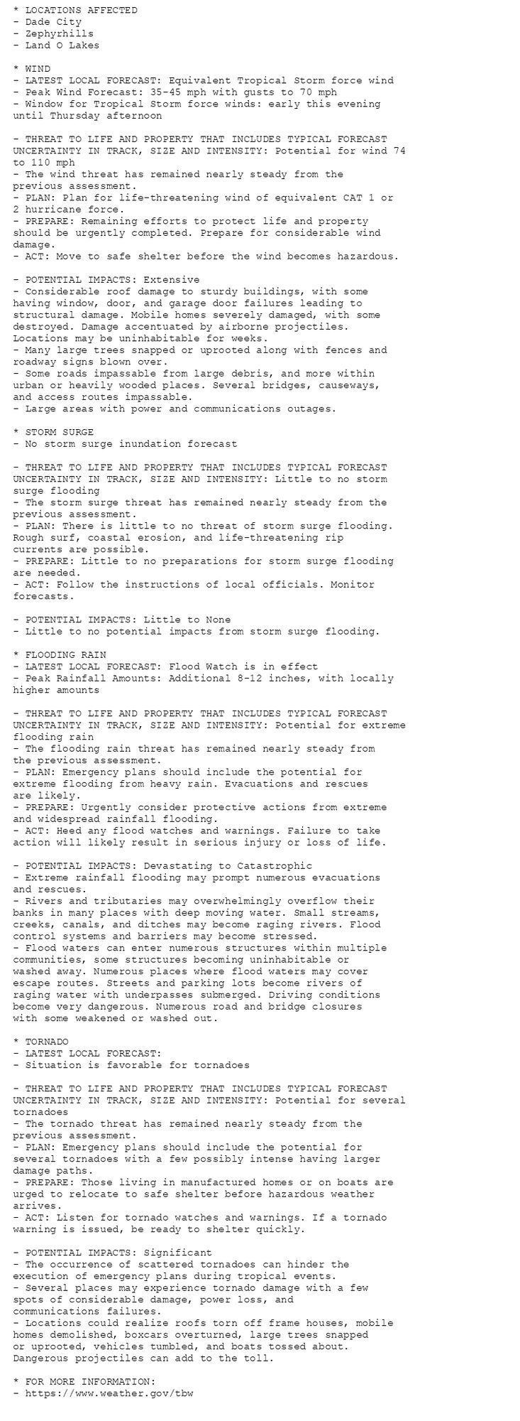 * LOCATIONS AFFECTED
- Dade City
- Zephyrhills
- Land O Lakes

* WIND
- LATEST LOCAL FORECAST: Equivalent Tropical Storm force wind
- Peak Wind Forecast: 35-45 mph with gusts to 70 mph
- Window for Tropical Storm force winds: early this evening
until Thursday afternoon

- THREAT TO LIFE AND PROPERTY THAT INCLUDES TYPICAL FORECAST
UNCERTAINTY IN TRACK, SIZE AND INTENSITY: Potential for wind 74
to 110 mph
- The wind threat has remained nearly steady from the
previous assessment.
- PLAN: Plan for life-threatening wind of equivalent CAT 1 or
2 hurricane force.
- PREPARE: Remaining efforts to protect life and property
should be urgently completed. Prepare for considerable wind
damage.
- ACT: Move to safe shelter before the wind becomes hazardous.

- POTENTIAL IMPACTS: Extensive
- Considerable roof damage to sturdy buildings, with some
having window, door, and garage door failures leading to
structural damage. Mobile homes severely damaged, with some
destroyed. Damage accentuated by airborne projectiles.
Locations may be uninhabitable for weeks.
- Many large trees snapped or uprooted along with fences and
roadway signs blown over.
- Some roads impassable from large debris, and more within
urban or heavily wooded places. Several bridges, causeways,
and access routes impassable.
- Large areas with power and communications outages.

* STORM SURGE
- No storm surge inundation forecast

- THREAT TO LIFE AND PROPERTY THAT INCLUDES TYPICAL FORECAST
UNCERTAINTY IN TRACK, SIZE AND INTENSITY: Little to no storm
surge flooding
- The storm surge threat has remained nearly steady from the
previous assessment.
- PLAN: There is little to no threat of storm surge flooding.
Rough surf, coastal erosion, and life-threatening rip
currents are possible.
- PREPARE: Little to no preparations for storm surge flooding
are needed.
- ACT: Follow the instructions of local officials. Monitor
forecasts.

- POTENTIAL IMPACTS: Little to None
- Little to no potential impacts from storm surge flooding.

* FLOODING RAIN
- LATEST LOCAL FORECAST: Flood Watch is in effect
- Peak Rainfall Amounts: Additional 8-12 inches, with locally
higher amounts

- THREAT TO LIFE AND PROPERTY THAT INCLUDES TYPICAL FORECAST
UNCERTAINTY IN TRACK, SIZE AND INTENSITY: Potential for extreme
flooding rain
- The flooding rain threat has remained nearly steady from
the previous assessment.
- PLAN: Emergency plans should include the potential for
extreme flooding from heavy rain. Evacuations and rescues
are likely.
- PREPARE: Urgently consider protective actions from extreme
and widespread rainfall flooding.
- ACT: Heed any flood watches and warnings. Failure to take
action will likely result in serious injury or loss of life.

- POTENTIAL IMPACTS: Devastating to Catastrophic
- Extreme rainfall flooding may prompt numerous evacuations
and rescues.
- Rivers and tributaries may overwhelmingly overflow their
banks in many places with deep moving water. Small streams,
creeks, canals, and ditches may become raging rivers. Flood
control systems and barriers may become stressed.
- Flood waters can enter numerous structures within multiple
communities, some structures becoming uninhabitable or
washed away. Numerous places where flood waters may cover
escape routes. Streets and parking lots become rivers of
raging water with underpasses submerged. Driving conditions
become very dangerous. Numerous road and bridge closures
with some weakened or washed out.

* TORNADO
- LATEST LOCAL FORECAST:
- Situation is favorable for tornadoes

- THREAT TO LIFE AND PROPERTY THAT INCLUDES TYPICAL FORECAST
UNCERTAINTY IN TRACK, SIZE AND INTENSITY: Potential for several
tornadoes
- The tornado threat has remained nearly steady from the
previous assessment.
- PLAN: Emergency plans should include the potential for
several tornadoes with a few possibly intense having larger
damage paths.
- PREPARE: Those living in manufactured homes or on boats are
urged to relocate to safe shelter before hazardous weather
arrives.
- ACT: Listen for tornado watches and warnings. If a tornado
warning is issued, be ready to shelter quickly.

- POTENTIAL IMPACTS: Significant
- The occurrence of scattered tornadoes can hinder the
execution of emergency plans during tropical events.
- Several places may experience tornado damage with a few
spots of considerable damage, power loss, and
communications failures.
- Locations could realize roofs torn off frame houses, mobile
homes demolished, boxcars overturned, large trees snapped
or uprooted, vehicles tumbled, and boats tossed about.
Dangerous projectiles can add to the toll.

* FOR MORE INFORMATION:
- https://www.weather.gov/tbw