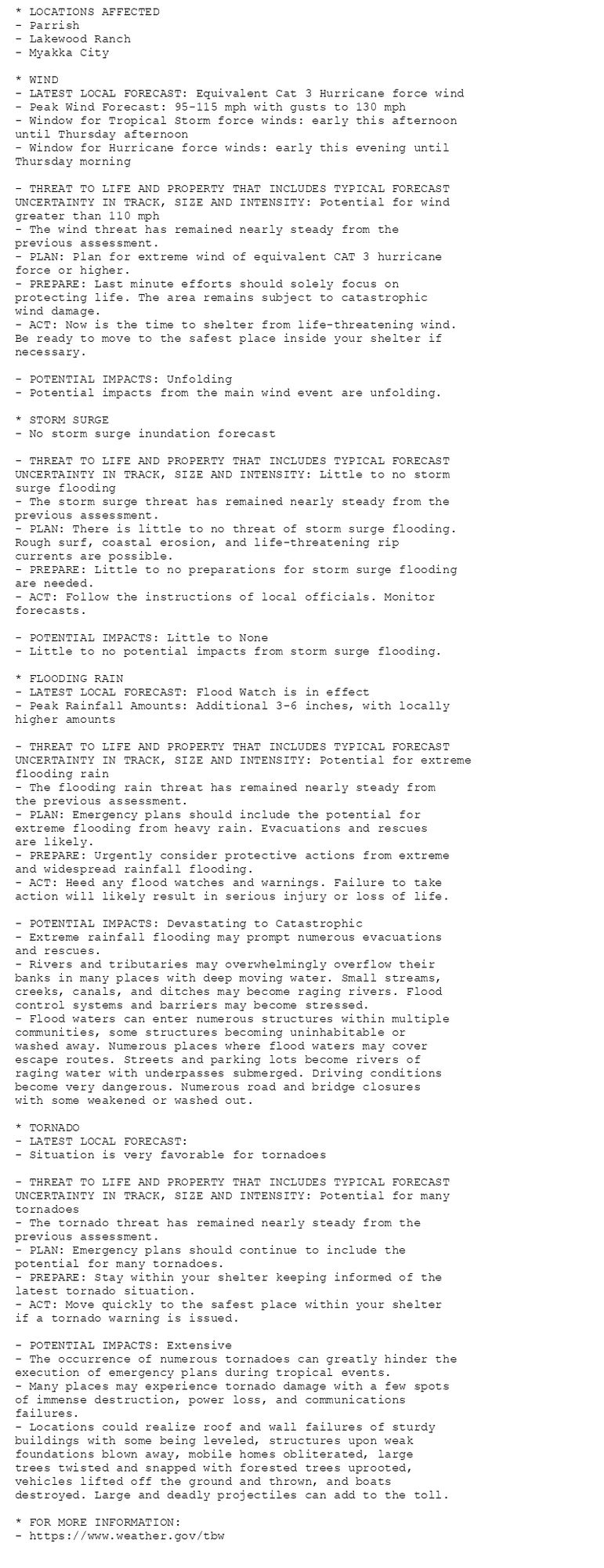 * LOCATIONS AFFECTED
- Parrish
- Lakewood Ranch
- Myakka City

* WIND
- LATEST LOCAL FORECAST: Equivalent Cat 3 Hurricane force wind
- Peak Wind Forecast: 95-115 mph with gusts to 130 mph
- Window for Tropical Storm force winds: early this afternoon
until Thursday afternoon
- Window for Hurricane force winds: early this evening until
Thursday morning

- THREAT TO LIFE AND PROPERTY THAT INCLUDES TYPICAL FORECAST
UNCERTAINTY IN TRACK, SIZE AND INTENSITY: Potential for wind
greater than 110 mph
- The wind threat has remained nearly steady from the
previous assessment.
- PLAN: Plan for extreme wind of equivalent CAT 3 hurricane
force or higher.
- PREPARE: Last minute efforts should solely focus on
protecting life. The area remains subject to catastrophic
wind damage.
- ACT: Now is the time to shelter from life-threatening wind.
Be ready to move to the safest place inside your shelter if
necessary.

- POTENTIAL IMPACTS: Unfolding
- Potential impacts from the main wind event are unfolding.

* STORM SURGE
- No storm surge inundation forecast

- THREAT TO LIFE AND PROPERTY THAT INCLUDES TYPICAL FORECAST
UNCERTAINTY IN TRACK, SIZE AND INTENSITY: Little to no storm
surge flooding
- The storm surge threat has remained nearly steady from the
previous assessment.
- PLAN: There is little to no threat of storm surge flooding.
Rough surf, coastal erosion, and life-threatening rip
currents are possible.
- PREPARE: Little to no preparations for storm surge flooding
are needed.
- ACT: Follow the instructions of local officials. Monitor
forecasts.

- POTENTIAL IMPACTS: Little to None
- Little to no potential impacts from storm surge flooding.

* FLOODING RAIN
- LATEST LOCAL FORECAST: Flood Watch is in effect
- Peak Rainfall Amounts: Additional 3-6 inches, with locally
higher amounts

- THREAT TO LIFE AND PROPERTY THAT INCLUDES TYPICAL FORECAST
UNCERTAINTY IN TRACK, SIZE AND INTENSITY: Potential for extreme
flooding rain
- The flooding rain threat has remained nearly steady from
the previous assessment.
- PLAN: Emergency plans should include the potential for
extreme flooding from heavy rain. Evacuations and rescues
are likely.
- PREPARE: Urgently consider protective actions from extreme
and widespread rainfall flooding.
- ACT: Heed any flood watches and warnings. Failure to take
action will likely result in serious injury or loss of life.

- POTENTIAL IMPACTS: Devastating to Catastrophic
- Extreme rainfall flooding may prompt numerous evacuations
and rescues.
- Rivers and tributaries may overwhelmingly overflow their
banks in many places with deep moving water. Small streams,
creeks, canals, and ditches may become raging rivers. Flood
control systems and barriers may become stressed.
- Flood waters can enter numerous structures within multiple
communities, some structures becoming uninhabitable or
washed away. Numerous places where flood waters may cover
escape routes. Streets and parking lots become rivers of
raging water with underpasses submerged. Driving conditions
become very dangerous. Numerous road and bridge closures
with some weakened or washed out.

* TORNADO
- LATEST LOCAL FORECAST:
- Situation is very favorable for tornadoes

- THREAT TO LIFE AND PROPERTY THAT INCLUDES TYPICAL FORECAST
UNCERTAINTY IN TRACK, SIZE AND INTENSITY: Potential for many
tornadoes
- The tornado threat has remained nearly steady from the
previous assessment.
- PLAN: Emergency plans should continue to include the
potential for many tornadoes.
- PREPARE: Stay within your shelter keeping informed of the
latest tornado situation.
- ACT: Move quickly to the safest place within your shelter
if a tornado warning is issued.

- POTENTIAL IMPACTS: Extensive
- The occurrence of numerous tornadoes can greatly hinder the
execution of emergency plans during tropical events.
- Many places may experience tornado damage with a few spots
of immense destruction, power loss, and communications
failures.
- Locations could realize roof and wall failures of sturdy
buildings with some being leveled, structures upon weak
foundations blown away, mobile homes obliterated, large
trees twisted and snapped with forested trees uprooted,
vehicles lifted off the ground and thrown, and boats
destroyed. Large and deadly projectiles can add to the toll.

* FOR MORE INFORMATION:
- https://www.weather.gov/tbw