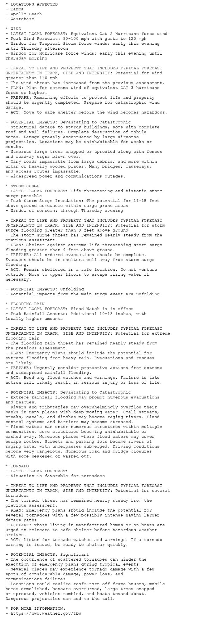 * LOCATIONS AFFECTED
- Tampa
- Apollo Beach
- Westchase

* WIND
- LATEST LOCAL FORECAST: Equivalent Cat 2 Hurricane force wind
- Peak Wind Forecast: 80-100 mph with gusts to 120 mph
- Window for Tropical Storm force winds: early this evening
until Thursday afternoon
- Window for Hurricane force winds: early this evening until
Thursday morning

- THREAT TO LIFE AND PROPERTY THAT INCLUDES TYPICAL FORECAST
UNCERTAINTY IN TRACK, SIZE AND INTENSITY: Potential for wind
greater than 110 mph
- The wind threat has increased from the previous assessment.
- PLAN: Plan for extreme wind of equivalent CAT 3 hurricane
force or higher.
- PREPARE: Remaining efforts to protect life and property
should be urgently completed. Prepare for catastrophic wind
damage.
- ACT: Move to safe shelter before the wind becomes hazardous.

- POTENTIAL IMPACTS: Devastating to Catastrophic
- Structural damage to sturdy buildings, some with complete
roof and wall failures. Complete destruction of mobile
homes. Damage greatly accentuated by large airborne
projectiles. Locations may be uninhabitable for weeks or
months.
- Numerous large trees snapped or uprooted along with fences
and roadway signs blown over.
- Many roads impassable from large debris, and more within
urban or heavily wooded places. Many bridges, causeways,
and access routes impassable.
- Widespread power and communications outages.

* STORM SURGE
- LATEST LOCAL FORECAST: Life-threatening and historic storm
surge possible
- Peak Storm Surge Inundation: The potential for 11-15 feet
above ground somewhere within surge prone areas
- Window of concern: through Thursday evening

- THREAT TO LIFE AND PROPERTY THAT INCLUDES TYPICAL FORECAST
UNCERTAINTY IN TRACK, SIZE AND INTENSITY: Potential for storm
surge flooding greater than 9 feet above ground
- The storm surge threat has remained nearly steady from the
previous assessment.
- PLAN: Shelter against extreme life-threatening storm surge
flooding greater than 9 feet above ground.
- PREPARE: All ordered evacuations should be complete.
Evacuees should be in shelters well away from storm surge
flooding.
- ACT: Remain sheltered in a safe location. Do not venture
outside. Move to upper floors to escape rising water if
necessary.

- POTENTIAL IMPACTS: Unfolding
- Potential impacts from the main surge event are unfolding.

* FLOODING RAIN
- LATEST LOCAL FORECAST: Flood Watch is in effect
- Peak Rainfall Amounts: Additional 10-15 inches, with
locally higher amounts

- THREAT TO LIFE AND PROPERTY THAT INCLUDES TYPICAL FORECAST
UNCERTAINTY IN TRACK, SIZE AND INTENSITY: Potential for extreme
flooding rain
- The flooding rain threat has remained nearly steady from
the previous assessment.
- PLAN: Emergency plans should include the potential for
extreme flooding from heavy rain. Evacuations and rescues
are likely.
- PREPARE: Urgently consider protective actions from extreme
and widespread rainfall flooding.
- ACT: Heed any flood watches and warnings. Failure to take
action will likely result in serious injury or loss of life.

- POTENTIAL IMPACTS: Devastating to Catastrophic
- Extreme rainfall flooding may prompt numerous evacuations
and rescues.
- Rivers and tributaries may overwhelmingly overflow their
banks in many places with deep moving water. Small streams,
creeks, canals, and ditches may become raging rivers. Flood
control systems and barriers may become stressed.
- Flood waters can enter numerous structures within multiple
communities, some structures becoming uninhabitable or
washed away. Numerous places where flood waters may cover
escape routes. Streets and parking lots become rivers of
raging water with underpasses submerged. Driving conditions
become very dangerous. Numerous road and bridge closures
with some weakened or washed out.

* TORNADO
- LATEST LOCAL FORECAST:
- Situation is favorable for tornadoes

- THREAT TO LIFE AND PROPERTY THAT INCLUDES TYPICAL FORECAST
UNCERTAINTY IN TRACK, SIZE AND INTENSITY: Potential for several
tornadoes
- The tornado threat has remained nearly steady from the
previous assessment.
- PLAN: Emergency plans should include the potential for
several tornadoes with a few possibly intense having larger
damage paths.
- PREPARE: Those living in manufactured homes or on boats are
urged to relocate to safe shelter before hazardous weather
arrives.
- ACT: Listen for tornado watches and warnings. If a tornado
warning is issued, be ready to shelter quickly.

- POTENTIAL IMPACTS: Significant
- The occurrence of scattered tornadoes can hinder the
execution of emergency plans during tropical events.
- Several places may experience tornado damage with a few
spots of considerable damage, power loss, and
communications failures.
- Locations could realize roofs torn off frame houses, mobile
homes demolished, boxcars overturned, large trees snapped
or uprooted, vehicles tumbled, and boats tossed about.
Dangerous projectiles can add to the toll.

* FOR MORE INFORMATION:
- https://www.weather.gov/tbw