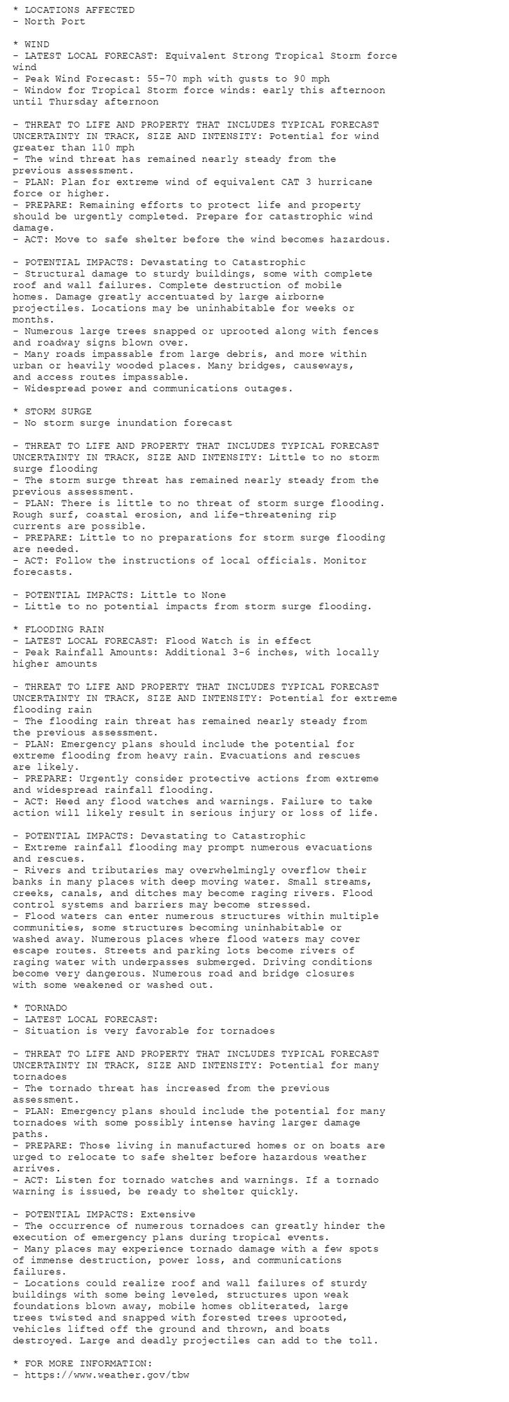 * LOCATIONS AFFECTED
- North Port

* WIND
- LATEST LOCAL FORECAST: Equivalent Strong Tropical Storm force
wind
- Peak Wind Forecast: 55-70 mph with gusts to 90 mph
- Window for Tropical Storm force winds: early this afternoon
until Thursday afternoon

- THREAT TO LIFE AND PROPERTY THAT INCLUDES TYPICAL FORECAST
UNCERTAINTY IN TRACK, SIZE AND INTENSITY: Potential for wind
greater than 110 mph
- The wind threat has remained nearly steady from the
previous assessment.
- PLAN: Plan for extreme wind of equivalent CAT 3 hurricane
force or higher.
- PREPARE: Remaining efforts to protect life and property
should be urgently completed. Prepare for catastrophic wind
damage.
- ACT: Move to safe shelter before the wind becomes hazardous.

- POTENTIAL IMPACTS: Devastating to Catastrophic
- Structural damage to sturdy buildings, some with complete
roof and wall failures. Complete destruction of mobile
homes. Damage greatly accentuated by large airborne
projectiles. Locations may be uninhabitable for weeks or
months.
- Numerous large trees snapped or uprooted along with fences
and roadway signs blown over.
- Many roads impassable from large debris, and more within
urban or heavily wooded places. Many bridges, causeways,
and access routes impassable.
- Widespread power and communications outages.

* STORM SURGE
- No storm surge inundation forecast

- THREAT TO LIFE AND PROPERTY THAT INCLUDES TYPICAL FORECAST
UNCERTAINTY IN TRACK, SIZE AND INTENSITY: Little to no storm
surge flooding
- The storm surge threat has remained nearly steady from the
previous assessment.
- PLAN: There is little to no threat of storm surge flooding.
Rough surf, coastal erosion, and life-threatening rip
currents are possible.
- PREPARE: Little to no preparations for storm surge flooding
are needed.
- ACT: Follow the instructions of local officials. Monitor
forecasts.

- POTENTIAL IMPACTS: Little to None
- Little to no potential impacts from storm surge flooding.

* FLOODING RAIN
- LATEST LOCAL FORECAST: Flood Watch is in effect
- Peak Rainfall Amounts: Additional 3-6 inches, with locally
higher amounts

- THREAT TO LIFE AND PROPERTY THAT INCLUDES TYPICAL FORECAST
UNCERTAINTY IN TRACK, SIZE AND INTENSITY: Potential for extreme
flooding rain
- The flooding rain threat has remained nearly steady from
the previous assessment.
- PLAN: Emergency plans should include the potential for
extreme flooding from heavy rain. Evacuations and rescues
are likely.
- PREPARE: Urgently consider protective actions from extreme
and widespread rainfall flooding.
- ACT: Heed any flood watches and warnings. Failure to take
action will likely result in serious injury or loss of life.

- POTENTIAL IMPACTS: Devastating to Catastrophic
- Extreme rainfall flooding may prompt numerous evacuations
and rescues.
- Rivers and tributaries may overwhelmingly overflow their
banks in many places with deep moving water. Small streams,
creeks, canals, and ditches may become raging rivers. Flood
control systems and barriers may become stressed.
- Flood waters can enter numerous structures within multiple
communities, some structures becoming uninhabitable or
washed away. Numerous places where flood waters may cover
escape routes. Streets and parking lots become rivers of
raging water with underpasses submerged. Driving conditions
become very dangerous. Numerous road and bridge closures
with some weakened or washed out.

* TORNADO
- LATEST LOCAL FORECAST:
- Situation is very favorable for tornadoes

- THREAT TO LIFE AND PROPERTY THAT INCLUDES TYPICAL FORECAST
UNCERTAINTY IN TRACK, SIZE AND INTENSITY: Potential for many
tornadoes
- The tornado threat has increased from the previous
assessment.
- PLAN: Emergency plans should include the potential for many
tornadoes with some possibly intense having larger damage
paths.
- PREPARE: Those living in manufactured homes or on boats are
urged to relocate to safe shelter before hazardous weather
arrives.
- ACT: Listen for tornado watches and warnings. If a tornado
warning is issued, be ready to shelter quickly.

- POTENTIAL IMPACTS: Extensive
- The occurrence of numerous tornadoes can greatly hinder the
execution of emergency plans during tropical events.
- Many places may experience tornado damage with a few spots
of immense destruction, power loss, and communications
failures.
- Locations could realize roof and wall failures of sturdy
buildings with some being leveled, structures upon weak
foundations blown away, mobile homes obliterated, large
trees twisted and snapped with forested trees uprooted,
vehicles lifted off the ground and thrown, and boats
destroyed. Large and deadly projectiles can add to the toll.

* FOR MORE INFORMATION:
- https://www.weather.gov/tbw