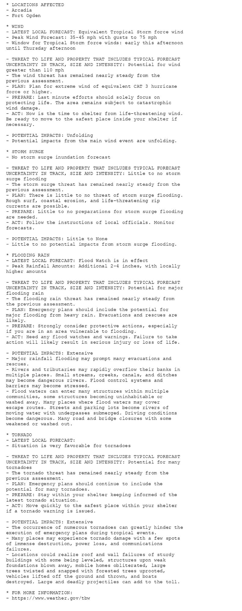 * LOCATIONS AFFECTED
- Arcadia
- Fort Ogden

* WIND
- LATEST LOCAL FORECAST: Equivalent Tropical Storm force wind
- Peak Wind Forecast: 35-45 mph with gusts to 75 mph
- Window for Tropical Storm force winds: early this afternoon
until Thursday afternoon

- THREAT TO LIFE AND PROPERTY THAT INCLUDES TYPICAL FORECAST
UNCERTAINTY IN TRACK, SIZE AND INTENSITY: Potential for wind
greater than 110 mph
- The wind threat has remained nearly steady from the
previous assessment.
- PLAN: Plan for extreme wind of equivalent CAT 3 hurricane
force or higher.
- PREPARE: Last minute efforts should solely focus on
protecting life. The area remains subject to catastrophic
wind damage.
- ACT: Now is the time to shelter from life-threatening wind.
Be ready to move to the safest place inside your shelter if
necessary.

- POTENTIAL IMPACTS: Unfolding
- Potential impacts from the main wind event are unfolding.

* STORM SURGE
- No storm surge inundation forecast

- THREAT TO LIFE AND PROPERTY THAT INCLUDES TYPICAL FORECAST
UNCERTAINTY IN TRACK, SIZE AND INTENSITY: Little to no storm
surge flooding
- The storm surge threat has remained nearly steady from the
previous assessment.
- PLAN: There is little to no threat of storm surge flooding.
Rough surf, coastal erosion, and life-threatening rip
currents are possible.
- PREPARE: Little to no preparations for storm surge flooding
are needed.
- ACT: Follow the instructions of local officials. Monitor
forecasts.

- POTENTIAL IMPACTS: Little to None
- Little to no potential impacts from storm surge flooding.

* FLOODING RAIN
- LATEST LOCAL FORECAST: Flood Watch is in effect
- Peak Rainfall Amounts: Additional 2-4 inches, with locally
higher amounts

- THREAT TO LIFE AND PROPERTY THAT INCLUDES TYPICAL FORECAST
UNCERTAINTY IN TRACK, SIZE AND INTENSITY: Potential for major
flooding rain
- The flooding rain threat has remained nearly steady from
the previous assessment.
- PLAN: Emergency plans should include the potential for
major flooding from heavy rain. Evacuations and rescues are
likely.
- PREPARE: Strongly consider protective actions, especially
if you are in an area vulnerable to flooding.
- ACT: Heed any flood watches and warnings. Failure to take
action will likely result in serious injury or loss of life.

- POTENTIAL IMPACTS: Extensive
- Major rainfall flooding may prompt many evacuations and
rescues.
- Rivers and tributaries may rapidly overflow their banks in
multiple places. Small streams, creeks, canals, and ditches
may become dangerous rivers. Flood control systems and
barriers may become stressed.
- Flood waters can enter many structures within multiple
communities, some structures becoming uninhabitable or
washed away. Many places where flood waters may cover
escape routes. Streets and parking lots become rivers of
moving water with underpasses submerged. Driving conditions
become dangerous. Many road and bridge closures with some
weakened or washed out.

* TORNADO
- LATEST LOCAL FORECAST:
- Situation is very favorable for tornadoes

- THREAT TO LIFE AND PROPERTY THAT INCLUDES TYPICAL FORECAST
UNCERTAINTY IN TRACK, SIZE AND INTENSITY: Potential for many
tornadoes
- The tornado threat has remained nearly steady from the
previous assessment.
- PLAN: Emergency plans should continue to include the
potential for many tornadoes.
- PREPARE: Stay within your shelter keeping informed of the
latest tornado situation.
- ACT: Move quickly to the safest place within your shelter
if a tornado warning is issued.

- POTENTIAL IMPACTS: Extensive
- The occurrence of numerous tornadoes can greatly hinder the
execution of emergency plans during tropical events.
- Many places may experience tornado damage with a few spots
of immense destruction, power loss, and communications
failures.
- Locations could realize roof and wall failures of sturdy
buildings with some being leveled, structures upon weak
foundations blown away, mobile homes obliterated, large
trees twisted and snapped with forested trees uprooted,
vehicles lifted off the ground and thrown, and boats
destroyed. Large and deadly projectiles can add to the toll.

* FOR MORE INFORMATION:
- https://www.weather.gov/tbw