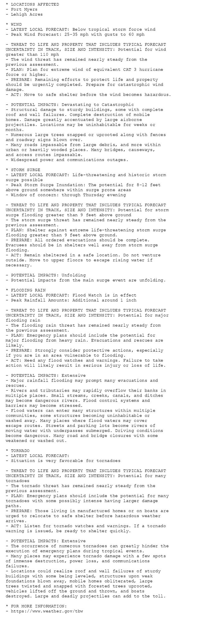 * LOCATIONS AFFECTED
- Fort Myers
- Lehigh Acres

* WIND
- LATEST LOCAL FORECAST: Below tropical storm force wind
- Peak Wind Forecast: 25-35 mph with gusts to 60 mph

- THREAT TO LIFE AND PROPERTY THAT INCLUDES TYPICAL FORECAST
UNCERTAINTY IN TRACK, SIZE AND INTENSITY: Potential for wind
greater than 110 mph
- The wind threat has remained nearly steady from the
previous assessment.
- PLAN: Plan for extreme wind of equivalent CAT 3 hurricane
force or higher.
- PREPARE: Remaining efforts to protect life and property
should be urgently completed. Prepare for catastrophic wind
damage.
- ACT: Move to safe shelter before the wind becomes hazardous.

- POTENTIAL IMPACTS: Devastating to Catastrophic
- Structural damage to sturdy buildings, some with complete
roof and wall failures. Complete destruction of mobile
homes. Damage greatly accentuated by large airborne
projectiles. Locations may be uninhabitable for weeks or
months.
- Numerous large trees snapped or uprooted along with fences
and roadway signs blown over.
- Many roads impassable from large debris, and more within
urban or heavily wooded places. Many bridges, causeways,
and access routes impassable.
- Widespread power and communications outages.

* STORM SURGE
- LATEST LOCAL FORECAST: Life-threatening and historic storm
surge possible
- Peak Storm Surge Inundation: The potential for 8-12 feet
above ground somewhere within surge prone areas
- Window of concern: through Thursday evening

- THREAT TO LIFE AND PROPERTY THAT INCLUDES TYPICAL FORECAST
UNCERTAINTY IN TRACK, SIZE AND INTENSITY: Potential for storm
surge flooding greater than 9 feet above ground
- The storm surge threat has remained nearly steady from the
previous assessment.
- PLAN: Shelter against extreme life-threatening storm surge
flooding greater than 9 feet above ground.
- PREPARE: All ordered evacuations should be complete.
Evacuees should be in shelters well away from storm surge
flooding.
- ACT: Remain sheltered in a safe location. Do not venture
outside. Move to upper floors to escape rising water if
necessary.

- POTENTIAL IMPACTS: Unfolding
- Potential impacts from the main surge event are unfolding.

* FLOODING RAIN
- LATEST LOCAL FORECAST: Flood Watch is in effect
- Peak Rainfall Amounts: Additional around 1 inch

- THREAT TO LIFE AND PROPERTY THAT INCLUDES TYPICAL FORECAST
UNCERTAINTY IN TRACK, SIZE AND INTENSITY: Potential for major
flooding rain
- The flooding rain threat has remained nearly steady from
the previous assessment.
- PLAN: Emergency plans should include the potential for
major flooding from heavy rain. Evacuations and rescues are
likely.
- PREPARE: Strongly consider protective actions, especially
if you are in an area vulnerable to flooding.
- ACT: Heed any flood watches and warnings. Failure to take
action will likely result in serious injury or loss of life.

- POTENTIAL IMPACTS: Extensive
- Major rainfall flooding may prompt many evacuations and
rescues.
- Rivers and tributaries may rapidly overflow their banks in
multiple places. Small streams, creeks, canals, and ditches
may become dangerous rivers. Flood control systems and
barriers may become stressed.
- Flood waters can enter many structures within multiple
communities, some structures becoming uninhabitable or
washed away. Many places where flood waters may cover
escape routes. Streets and parking lots become rivers of
moving water with underpasses submerged. Driving conditions
become dangerous. Many road and bridge closures with some
weakened or washed out.

* TORNADO
- LATEST LOCAL FORECAST:
- Situation is very favorable for tornadoes

- THREAT TO LIFE AND PROPERTY THAT INCLUDES TYPICAL FORECAST
UNCERTAINTY IN TRACK, SIZE AND INTENSITY: Potential for many
tornadoes
- The tornado threat has remained nearly steady from the
previous assessment.
- PLAN: Emergency plans should include the potential for many
tornadoes with some possibly intense having larger damage
paths.
- PREPARE: Those living in manufactured homes or on boats are
urged to relocate to safe shelter before hazardous weather
arrives.
- ACT: Listen for tornado watches and warnings. If a tornado
warning is issued, be ready to shelter quickly.

- POTENTIAL IMPACTS: Extensive
- The occurrence of numerous tornadoes can greatly hinder the
execution of emergency plans during tropical events.
- Many places may experience tornado damage with a few spots
of immense destruction, power loss, and communications
failures.
- Locations could realize roof and wall failures of sturdy
buildings with some being leveled, structures upon weak
foundations blown away, mobile homes obliterated, large
trees twisted and snapped with forested trees uprooted,
vehicles lifted off the ground and thrown, and boats
destroyed. Large and deadly projectiles can add to the toll.

* FOR MORE INFORMATION:
- https://www.weather.gov/tbw