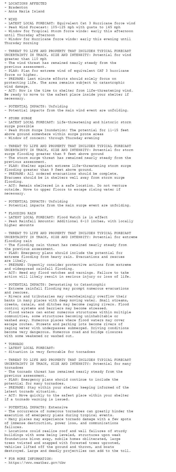 * LOCATIONS AFFECTED
- Bradenton
- Anna Maria Island

* WIND
- LATEST LOCAL FORECAST: Equivalent Cat 3 Hurricane force wind
- Peak Wind Forecast: 105-125 mph with gusts to 145 mph
- Window for Tropical Storm force winds: early this afternoon
until Thursday afternoon
- Window for Hurricane force winds: early this evening until
Thursday morning

- THREAT TO LIFE AND PROPERTY THAT INCLUDES TYPICAL FORECAST
UNCERTAINTY IN TRACK, SIZE AND INTENSITY: Potential for wind
greater than 110 mph
- The wind threat has remained nearly steady from the
previous assessment.
- PLAN: Plan for extreme wind of equivalent CAT 3 hurricane
force or higher.
- PREPARE: Last minute efforts should solely focus on
protecting life. The area remains subject to catastrophic
wind damage.
- ACT: Now is the time to shelter from life-threatening wind.
Be ready to move to the safest place inside your shelter if
necessary.

- POTENTIAL IMPACTS: Unfolding
- Potential impacts from the main wind event are unfolding.

* STORM SURGE
- LATEST LOCAL FORECAST: Life-threatening and historic storm
surge possible
- Peak Storm Surge Inundation: The potential for 11-15 feet
above ground somewhere within surge prone areas
- Window of concern: through Thursday evening

- THREAT TO LIFE AND PROPERTY THAT INCLUDES TYPICAL FORECAST
UNCERTAINTY IN TRACK, SIZE AND INTENSITY: Potential for storm
surge flooding greater than 9 feet above ground
- The storm surge threat has remained nearly steady from the
previous assessment.
- PLAN: Shelter against extreme life-threatening storm surge
flooding greater than 9 feet above ground.
- PREPARE: All ordered evacuations should be complete.
Evacuees should be in shelters well away from storm surge
flooding.
- ACT: Remain sheltered in a safe location. Do not venture
outside. Move to upper floors to escape rising water if
necessary.

- POTENTIAL IMPACTS: Unfolding
- Potential impacts from the main surge event are unfolding.

* FLOODING RAIN
- LATEST LOCAL FORECAST: Flood Watch is in effect
- Peak Rainfall Amounts: Additional 6-10 inches, with locally
higher amounts

- THREAT TO LIFE AND PROPERTY THAT INCLUDES TYPICAL FORECAST
UNCERTAINTY IN TRACK, SIZE AND INTENSITY: Potential for extreme
flooding rain
- The flooding rain threat has remained nearly steady from
the previous assessment.
- PLAN: Emergency plans should include the potential for
extreme flooding from heavy rain. Evacuations and rescues
are likely.
- PREPARE: Urgently consider protective actions from extreme
and widespread rainfall flooding.
- ACT: Heed any flood watches and warnings. Failure to take
action will likely result in serious injury or loss of life.

- POTENTIAL IMPACTS: Devastating to Catastrophic
- Extreme rainfall flooding may prompt numerous evacuations
and rescues.
- Rivers and tributaries may overwhelmingly overflow their
banks in many places with deep moving water. Small streams,
creeks, canals, and ditches may become raging rivers. Flood
control systems and barriers may become stressed.
- Flood waters can enter numerous structures within multiple
communities, some structures becoming uninhabitable or
washed away. Numerous places where flood waters may cover
escape routes. Streets and parking lots become rivers of
raging water with underpasses submerged. Driving conditions
become very dangerous. Numerous road and bridge closures
with some weakened or washed out.

* TORNADO
- LATEST LOCAL FORECAST:
- Situation is very favorable for tornadoes

- THREAT TO LIFE AND PROPERTY THAT INCLUDES TYPICAL FORECAST
UNCERTAINTY IN TRACK, SIZE AND INTENSITY: Potential for many
tornadoes
- The tornado threat has remained nearly steady from the
previous assessment.
- PLAN: Emergency plans should continue to include the
potential for many tornadoes.
- PREPARE: Stay within your shelter keeping informed of the
latest tornado situation.
- ACT: Move quickly to the safest place within your shelter
if a tornado warning is issued.

- POTENTIAL IMPACTS: Extensive
- The occurrence of numerous tornadoes can greatly hinder the
execution of emergency plans during tropical events.
- Many places may experience tornado damage with a few spots
of immense destruction, power loss, and communications
failures.
- Locations could realize roof and wall failures of sturdy
buildings with some being leveled, structures upon weak
foundations blown away, mobile homes obliterated, large
trees twisted and snapped with forested trees uprooted,
vehicles lifted off the ground and thrown, and boats
destroyed. Large and deadly projectiles can add to the toll.

* FOR MORE INFORMATION:
- https://www.weather.gov/tbw