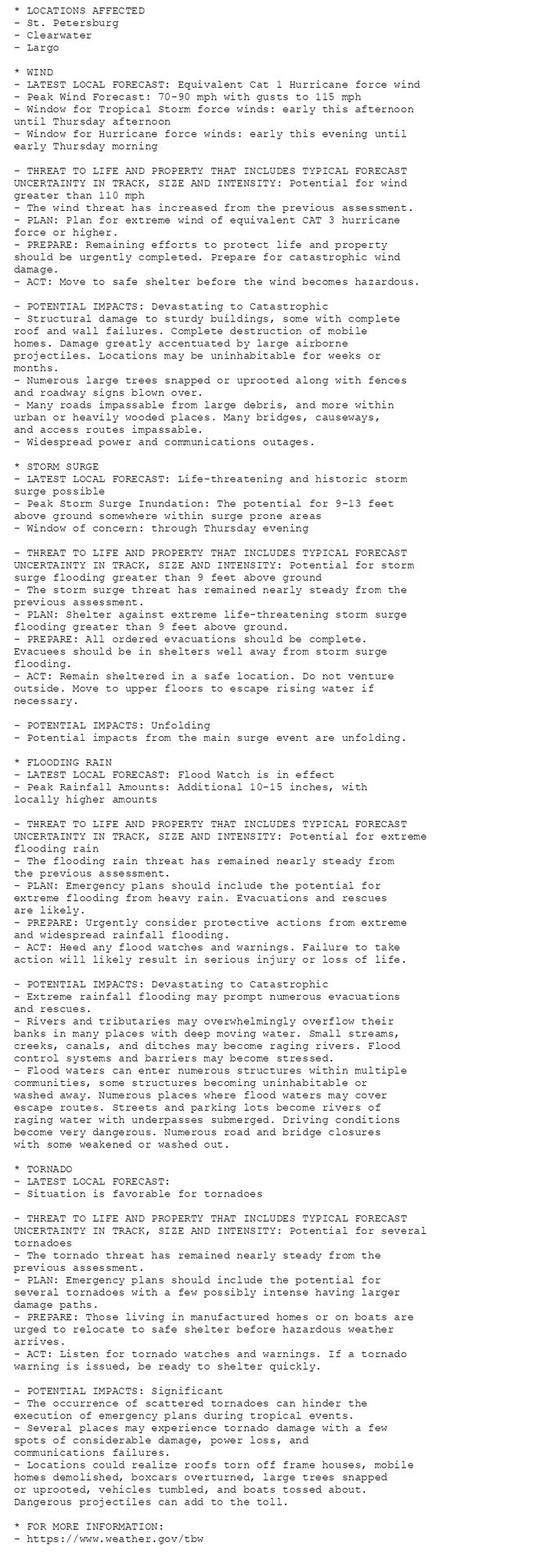 * LOCATIONS AFFECTED
- St. Petersburg
- Clearwater
- Largo

* WIND
- LATEST LOCAL FORECAST: Equivalent Cat 1 Hurricane force wind
- Peak Wind Forecast: 70-90 mph with gusts to 115 mph
- Window for Tropical Storm force winds: early this afternoon
until Thursday afternoon
- Window for Hurricane force winds: early this evening until
early Thursday morning

- THREAT TO LIFE AND PROPERTY THAT INCLUDES TYPICAL FORECAST
UNCERTAINTY IN TRACK, SIZE AND INTENSITY: Potential for wind
greater than 110 mph
- The wind threat has increased from the previous assessment.
- PLAN: Plan for extreme wind of equivalent CAT 3 hurricane
force or higher.
- PREPARE: Remaining efforts to protect life and property
should be urgently completed. Prepare for catastrophic wind
damage.
- ACT: Move to safe shelter before the wind becomes hazardous.

- POTENTIAL IMPACTS: Devastating to Catastrophic
- Structural damage to sturdy buildings, some with complete
roof and wall failures. Complete destruction of mobile
homes. Damage greatly accentuated by large airborne
projectiles. Locations may be uninhabitable for weeks or
months.
- Numerous large trees snapped or uprooted along with fences
and roadway signs blown over.
- Many roads impassable from large debris, and more within
urban or heavily wooded places. Many bridges, causeways,
and access routes impassable.
- Widespread power and communications outages.

* STORM SURGE
- LATEST LOCAL FORECAST: Life-threatening and historic storm
surge possible
- Peak Storm Surge Inundation: The potential for 9-13 feet
above ground somewhere within surge prone areas
- Window of concern: through Thursday evening

- THREAT TO LIFE AND PROPERTY THAT INCLUDES TYPICAL FORECAST
UNCERTAINTY IN TRACK, SIZE AND INTENSITY: Potential for storm
surge flooding greater than 9 feet above ground
- The storm surge threat has remained nearly steady from the
previous assessment.
- PLAN: Shelter against extreme life-threatening storm surge
flooding greater than 9 feet above ground.
- PREPARE: All ordered evacuations should be complete.
Evacuees should be in shelters well away from storm surge
flooding.
- ACT: Remain sheltered in a safe location. Do not venture
outside. Move to upper floors to escape rising water if
necessary.

- POTENTIAL IMPACTS: Unfolding
- Potential impacts from the main surge event are unfolding.

* FLOODING RAIN
- LATEST LOCAL FORECAST: Flood Watch is in effect
- Peak Rainfall Amounts: Additional 10-15 inches, with
locally higher amounts

- THREAT TO LIFE AND PROPERTY THAT INCLUDES TYPICAL FORECAST
UNCERTAINTY IN TRACK, SIZE AND INTENSITY: Potential for extreme
flooding rain
- The flooding rain threat has remained nearly steady from
the previous assessment.
- PLAN: Emergency plans should include the potential for
extreme flooding from heavy rain. Evacuations and rescues
are likely.
- PREPARE: Urgently consider protective actions from extreme
and widespread rainfall flooding.
- ACT: Heed any flood watches and warnings. Failure to take
action will likely result in serious injury or loss of life.

- POTENTIAL IMPACTS: Devastating to Catastrophic
- Extreme rainfall flooding may prompt numerous evacuations
and rescues.
- Rivers and tributaries may overwhelmingly overflow their
banks in many places with deep moving water. Small streams,
creeks, canals, and ditches may become raging rivers. Flood
control systems and barriers may become stressed.
- Flood waters can enter numerous structures within multiple
communities, some structures becoming uninhabitable or
washed away. Numerous places where flood waters may cover
escape routes. Streets and parking lots become rivers of
raging water with underpasses submerged. Driving conditions
become very dangerous. Numerous road and bridge closures
with some weakened or washed out.

* TORNADO
- LATEST LOCAL FORECAST:
- Situation is favorable for tornadoes

- THREAT TO LIFE AND PROPERTY THAT INCLUDES TYPICAL FORECAST
UNCERTAINTY IN TRACK, SIZE AND INTENSITY: Potential for several
tornadoes
- The tornado threat has remained nearly steady from the
previous assessment.
- PLAN: Emergency plans should include the potential for
several tornadoes with a few possibly intense having larger
damage paths.
- PREPARE: Those living in manufactured homes or on boats are
urged to relocate to safe shelter before hazardous weather
arrives.
- ACT: Listen for tornado watches and warnings. If a tornado
warning is issued, be ready to shelter quickly.

- POTENTIAL IMPACTS: Significant
- The occurrence of scattered tornadoes can hinder the
execution of emergency plans during tropical events.
- Several places may experience tornado damage with a few
spots of considerable damage, power loss, and
communications failures.
- Locations could realize roofs torn off frame houses, mobile
homes demolished, boxcars overturned, large trees snapped
or uprooted, vehicles tumbled, and boats tossed about.
Dangerous projectiles can add to the toll.

* FOR MORE INFORMATION:
- https://www.weather.gov/tbw