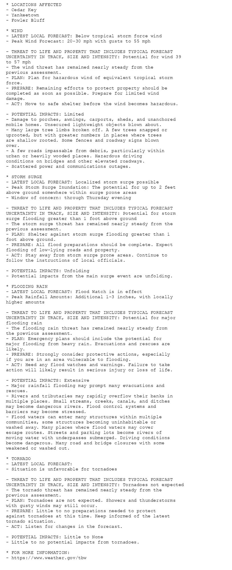 * LOCATIONS AFFECTED
- Cedar Key
- Yankeetown
- Fowler Bluff

* WIND
- LATEST LOCAL FORECAST: Below tropical storm force wind
- Peak Wind Forecast: 20-30 mph with gusts to 55 mph

- THREAT TO LIFE AND PROPERTY THAT INCLUDES TYPICAL FORECAST
UNCERTAINTY IN TRACK, SIZE AND INTENSITY: Potential for wind 39
to 57 mph
- The wind threat has remained nearly steady from the
previous assessment.
- PLAN: Plan for hazardous wind of equivalent tropical storm
force.
- PREPARE: Remaining efforts to protect property should be
completed as soon as possible. Prepare for limited wind
damage.
- ACT: Move to safe shelter before the wind becomes hazardous.

- POTENTIAL IMPACTS: Limited
- Damage to porches, awnings, carports, sheds, and unanchored
mobile homes. Unsecured lightweight objects blown about.
- Many large tree limbs broken off. A few trees snapped or
uprooted, but with greater numbers in places where trees
are shallow rooted. Some fences and roadway signs blown
over.
- A few roads impassable from debris, particularly within
urban or heavily wooded places. Hazardous driving
conditions on bridges and other elevated roadways.
- Scattered power and communications outages.

* STORM SURGE
- LATEST LOCAL FORECAST: Localized storm surge possible
- Peak Storm Surge Inundation: The potential for up to 2 feet
above ground somewhere within surge prone areas
- Window of concern: through Thursday evening

- THREAT TO LIFE AND PROPERTY THAT INCLUDES TYPICAL FORECAST
UNCERTAINTY IN TRACK, SIZE AND INTENSITY: Potential for storm
surge flooding greater than 1 foot above ground
- The storm surge threat has remained nearly steady from the
previous assessment.
- PLAN: Shelter against storm surge flooding greater than 1
foot above ground.
- PREPARE: All flood preparations should be complete. Expect
flooding of low-lying roads and property.
- ACT: Stay away from storm surge prone areas. Continue to
follow the instructions of local officials.

- POTENTIAL IMPACTS: Unfolding
- Potential impacts from the main surge event are unfolding.

* FLOODING RAIN
- LATEST LOCAL FORECAST: Flood Watch is in effect
- Peak Rainfall Amounts: Additional 1-3 inches, with locally
higher amounts

- THREAT TO LIFE AND PROPERTY THAT INCLUDES TYPICAL FORECAST
UNCERTAINTY IN TRACK, SIZE AND INTENSITY: Potential for major
flooding rain
- The flooding rain threat has remained nearly steady from
the previous assessment.
- PLAN: Emergency plans should include the potential for
major flooding from heavy rain. Evacuations and rescues are
likely.
- PREPARE: Strongly consider protective actions, especially
if you are in an area vulnerable to flooding.
- ACT: Heed any flood watches and warnings. Failure to take
action will likely result in serious injury or loss of life.

- POTENTIAL IMPACTS: Extensive
- Major rainfall flooding may prompt many evacuations and
rescues.
- Rivers and tributaries may rapidly overflow their banks in
multiple places. Small streams, creeks, canals, and ditches
may become dangerous rivers. Flood control systems and
barriers may become stressed.
- Flood waters can enter many structures within multiple
communities, some structures becoming uninhabitable or
washed away. Many places where flood waters may cover
escape routes. Streets and parking lots become rivers of
moving water with underpasses submerged. Driving conditions
become dangerous. Many road and bridge closures with some
weakened or washed out.

* TORNADO
- LATEST LOCAL FORECAST:
- Situation is unfavorable for tornadoes

- THREAT TO LIFE AND PROPERTY THAT INCLUDES TYPICAL FORECAST
UNCERTAINTY IN TRACK, SIZE AND INTENSITY: Tornadoes not expected
- The tornado threat has remained nearly steady from the
previous assessment.
- PLAN: Tornadoes are not expected. Showers and thunderstorms
with gusty winds may still occur.
- PREPARE: Little to no preparations needed to protect
against tornadoes at this time. Keep informed of the latest
tornado situation.
- ACT: Listen for changes in the forecast.

- POTENTIAL IMPACTS: Little to None
- Little to no potential impacts from tornadoes.

* FOR MORE INFORMATION:
- https://www.weather.gov/tbw