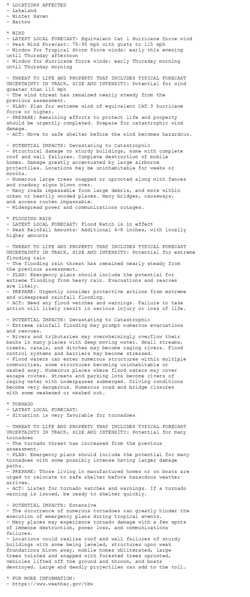 * LOCATIONS AFFECTED
- Lakeland
- Winter Haven
- Bartow

* WIND
- LATEST LOCAL FORECAST: Equivalent Cat 1 Hurricane force wind
- Peak Wind Forecast: 75-95 mph with gusts to 115 mph
- Window for Tropical Storm force winds: early this evening
until Thursday afternoon
- Window for Hurricane force winds: early Thursday morning
until Thursday morning

- THREAT TO LIFE AND PROPERTY THAT INCLUDES TYPICAL FORECAST
UNCERTAINTY IN TRACK, SIZE AND INTENSITY: Potential for wind
greater than 110 mph
- The wind threat has remained nearly steady from the
previous assessment.
- PLAN: Plan for extreme wind of equivalent CAT 3 hurricane
force or higher.
- PREPARE: Remaining efforts to protect life and property
should be urgently completed. Prepare for catastrophic wind
damage.
- ACT: Move to safe shelter before the wind becomes hazardous.

- POTENTIAL IMPACTS: Devastating to Catastrophic
- Structural damage to sturdy buildings, some with complete
roof and wall failures. Complete destruction of mobile
homes. Damage greatly accentuated by large airborne
projectiles. Locations may be uninhabitable for weeks or
months.
- Numerous large trees snapped or uprooted along with fences
and roadway signs blown over.
- Many roads impassable from large debris, and more within
urban or heavily wooded places. Many bridges, causeways,
and access routes impassable.
- Widespread power and communications outages.

* FLOODING RAIN
- LATEST LOCAL FORECAST: Flood Watch is in effect
- Peak Rainfall Amounts: Additional 4-8 inches, with locally
higher amounts

- THREAT TO LIFE AND PROPERTY THAT INCLUDES TYPICAL FORECAST
UNCERTAINTY IN TRACK, SIZE AND INTENSITY: Potential for extreme
flooding rain
- The flooding rain threat has remained nearly steady from
the previous assessment.
- PLAN: Emergency plans should include the potential for
extreme flooding from heavy rain. Evacuations and rescues
are likely.
- PREPARE: Urgently consider protective actions from extreme
and widespread rainfall flooding.
- ACT: Heed any flood watches and warnings. Failure to take
action will likely result in serious injury or loss of life.

- POTENTIAL IMPACTS: Devastating to Catastrophic
- Extreme rainfall flooding may prompt numerous evacuations
and rescues.
- Rivers and tributaries may overwhelmingly overflow their
banks in many places with deep moving water. Small streams,
creeks, canals, and ditches may become raging rivers. Flood
control systems and barriers may become stressed.
- Flood waters can enter numerous structures within multiple
communities, some structures becoming uninhabitable or
washed away. Numerous places where flood waters may cover
escape routes. Streets and parking lots become rivers of
raging water with underpasses submerged. Driving conditions
become very dangerous. Numerous road and bridge closures
with some weakened or washed out.

* TORNADO
- LATEST LOCAL FORECAST:
- Situation is very favorable for tornadoes

- THREAT TO LIFE AND PROPERTY THAT INCLUDES TYPICAL FORECAST
UNCERTAINTY IN TRACK, SIZE AND INTENSITY: Potential for many
tornadoes
- The tornado threat has increased from the previous
assessment.
- PLAN: Emergency plans should include the potential for many
tornadoes with some possibly intense having larger damage
paths.
- PREPARE: Those living in manufactured homes or on boats are
urged to relocate to safe shelter before hazardous weather
arrives.
- ACT: Listen for tornado watches and warnings. If a tornado
warning is issued, be ready to shelter quickly.

- POTENTIAL IMPACTS: Extensive
- The occurrence of numerous tornadoes can greatly hinder the
execution of emergency plans during tropical events.
- Many places may experience tornado damage with a few spots
of immense destruction, power loss, and communications
failures.
- Locations could realize roof and wall failures of sturdy
buildings with some being leveled, structures upon weak
foundations blown away, mobile homes obliterated, large
trees twisted and snapped with forested trees uprooted,
vehicles lifted off the ground and thrown, and boats
destroyed. Large and deadly projectiles can add to the toll.

* FOR MORE INFORMATION:
- https://www.weather.gov/tbw