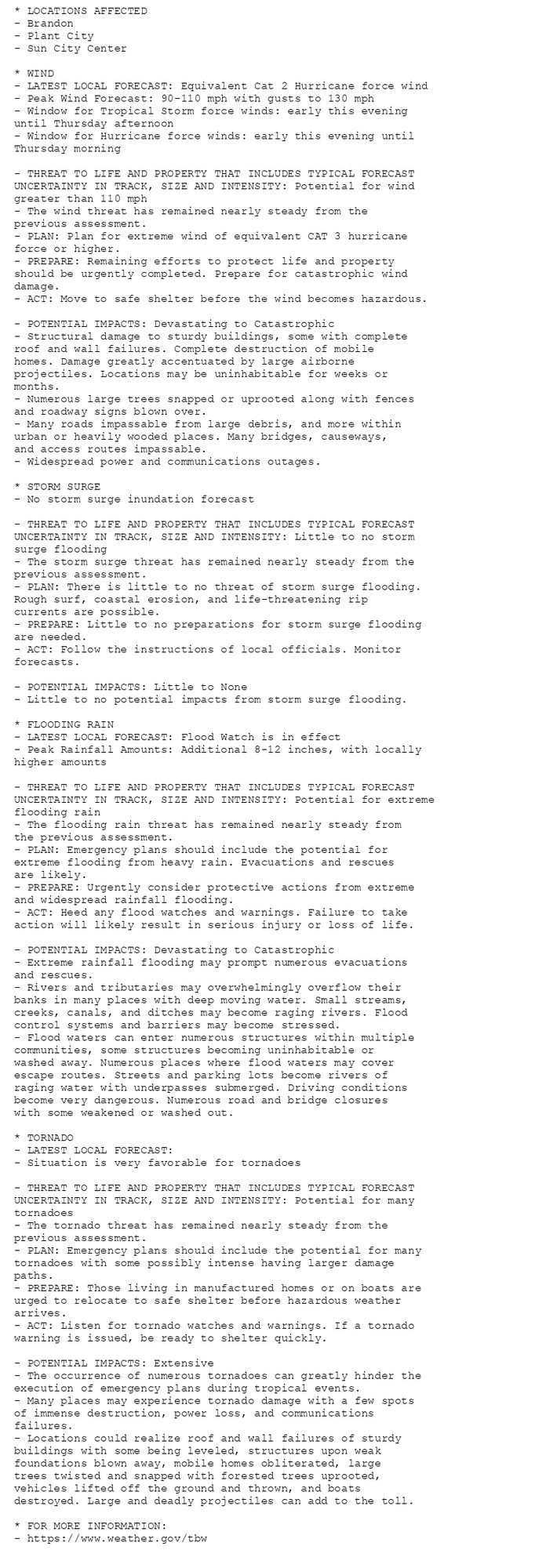 * LOCATIONS AFFECTED
- Brandon
- Plant City
- Sun City Center

* WIND
- LATEST LOCAL FORECAST: Equivalent Cat 2 Hurricane force wind
- Peak Wind Forecast: 90-110 mph with gusts to 130 mph
- Window for Tropical Storm force winds: early this evening
until Thursday afternoon
- Window for Hurricane force winds: early this evening until
Thursday morning

- THREAT TO LIFE AND PROPERTY THAT INCLUDES TYPICAL FORECAST
UNCERTAINTY IN TRACK, SIZE AND INTENSITY: Potential for wind
greater than 110 mph
- The wind threat has remained nearly steady from the
previous assessment.
- PLAN: Plan for extreme wind of equivalent CAT 3 hurricane
force or higher.
- PREPARE: Remaining efforts to protect life and property
should be urgently completed. Prepare for catastrophic wind
damage.
- ACT: Move to safe shelter before the wind becomes hazardous.

- POTENTIAL IMPACTS: Devastating to Catastrophic
- Structural damage to sturdy buildings, some with complete
roof and wall failures. Complete destruction of mobile
homes. Damage greatly accentuated by large airborne
projectiles. Locations may be uninhabitable for weeks or
months.
- Numerous large trees snapped or uprooted along with fences
and roadway signs blown over.
- Many roads impassable from large debris, and more within
urban or heavily wooded places. Many bridges, causeways,
and access routes impassable.
- Widespread power and communications outages.

* STORM SURGE
- No storm surge inundation forecast

- THREAT TO LIFE AND PROPERTY THAT INCLUDES TYPICAL FORECAST
UNCERTAINTY IN TRACK, SIZE AND INTENSITY: Little to no storm
surge flooding
- The storm surge threat has remained nearly steady from the
previous assessment.
- PLAN: There is little to no threat of storm surge flooding.
Rough surf, coastal erosion, and life-threatening rip
currents are possible.
- PREPARE: Little to no preparations for storm surge flooding
are needed.
- ACT: Follow the instructions of local officials. Monitor
forecasts.

- POTENTIAL IMPACTS: Little to None
- Little to no potential impacts from storm surge flooding.

* FLOODING RAIN
- LATEST LOCAL FORECAST: Flood Watch is in effect
- Peak Rainfall Amounts: Additional 8-12 inches, with locally
higher amounts

- THREAT TO LIFE AND PROPERTY THAT INCLUDES TYPICAL FORECAST
UNCERTAINTY IN TRACK, SIZE AND INTENSITY: Potential for extreme
flooding rain
- The flooding rain threat has remained nearly steady from
the previous assessment.
- PLAN: Emergency plans should include the potential for
extreme flooding from heavy rain. Evacuations and rescues
are likely.
- PREPARE: Urgently consider protective actions from extreme
and widespread rainfall flooding.
- ACT: Heed any flood watches and warnings. Failure to take
action will likely result in serious injury or loss of life.

- POTENTIAL IMPACTS: Devastating to Catastrophic
- Extreme rainfall flooding may prompt numerous evacuations
and rescues.
- Rivers and tributaries may overwhelmingly overflow their
banks in many places with deep moving water. Small streams,
creeks, canals, and ditches may become raging rivers. Flood
control systems and barriers may become stressed.
- Flood waters can enter numerous structures within multiple
communities, some structures becoming uninhabitable or
washed away. Numerous places where flood waters may cover
escape routes. Streets and parking lots become rivers of
raging water with underpasses submerged. Driving conditions
become very dangerous. Numerous road and bridge closures
with some weakened or washed out.

* TORNADO
- LATEST LOCAL FORECAST:
- Situation is very favorable for tornadoes

- THREAT TO LIFE AND PROPERTY THAT INCLUDES TYPICAL FORECAST
UNCERTAINTY IN TRACK, SIZE AND INTENSITY: Potential for many
tornadoes
- The tornado threat has remained nearly steady from the
previous assessment.
- PLAN: Emergency plans should include the potential for many
tornadoes with some possibly intense having larger damage
paths.
- PREPARE: Those living in manufactured homes or on boats are
urged to relocate to safe shelter before hazardous weather
arrives.
- ACT: Listen for tornado watches and warnings. If a tornado
warning is issued, be ready to shelter quickly.

- POTENTIAL IMPACTS: Extensive
- The occurrence of numerous tornadoes can greatly hinder the
execution of emergency plans during tropical events.
- Many places may experience tornado damage with a few spots
of immense destruction, power loss, and communications
failures.
- Locations could realize roof and wall failures of sturdy
buildings with some being leveled, structures upon weak
foundations blown away, mobile homes obliterated, large
trees twisted and snapped with forested trees uprooted,
vehicles lifted off the ground and thrown, and boats
destroyed. Large and deadly projectiles can add to the toll.

* FOR MORE INFORMATION:
- https://www.weather.gov/tbw