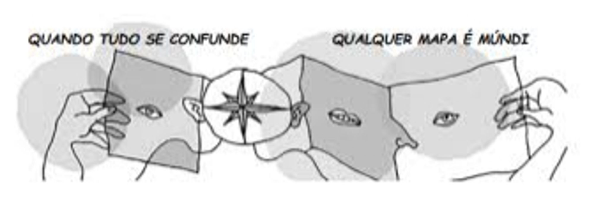 Quando tudo se confunde qualquer mapa é mundi.

A imagem é composta por um mapa dobrado em quatro partes aberto, formando um rosto humano com uma parte em cada pedaço do mapa.