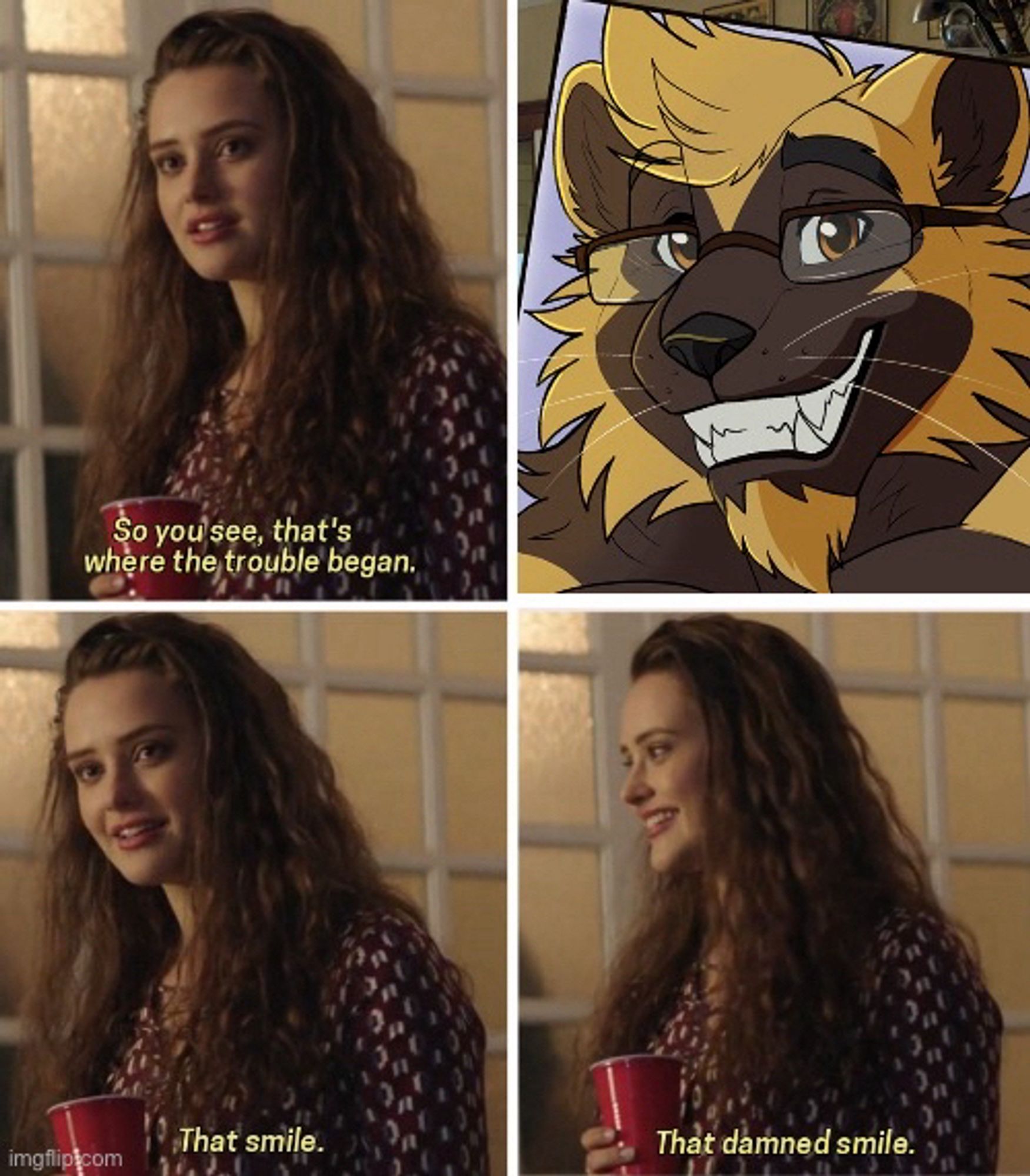 That smile, that dammed smile meme with L’automne’s love interest, a gold-furred wolverine, grinning in corner.