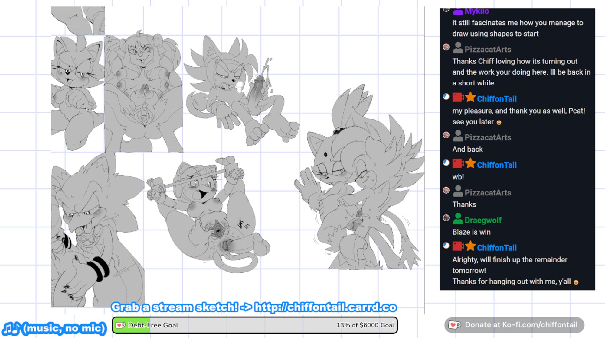 Picarto.tv screenshot of an art stream. End of description. Tags are #commissions #art #artcommissions #sonic #sonicoc #furry