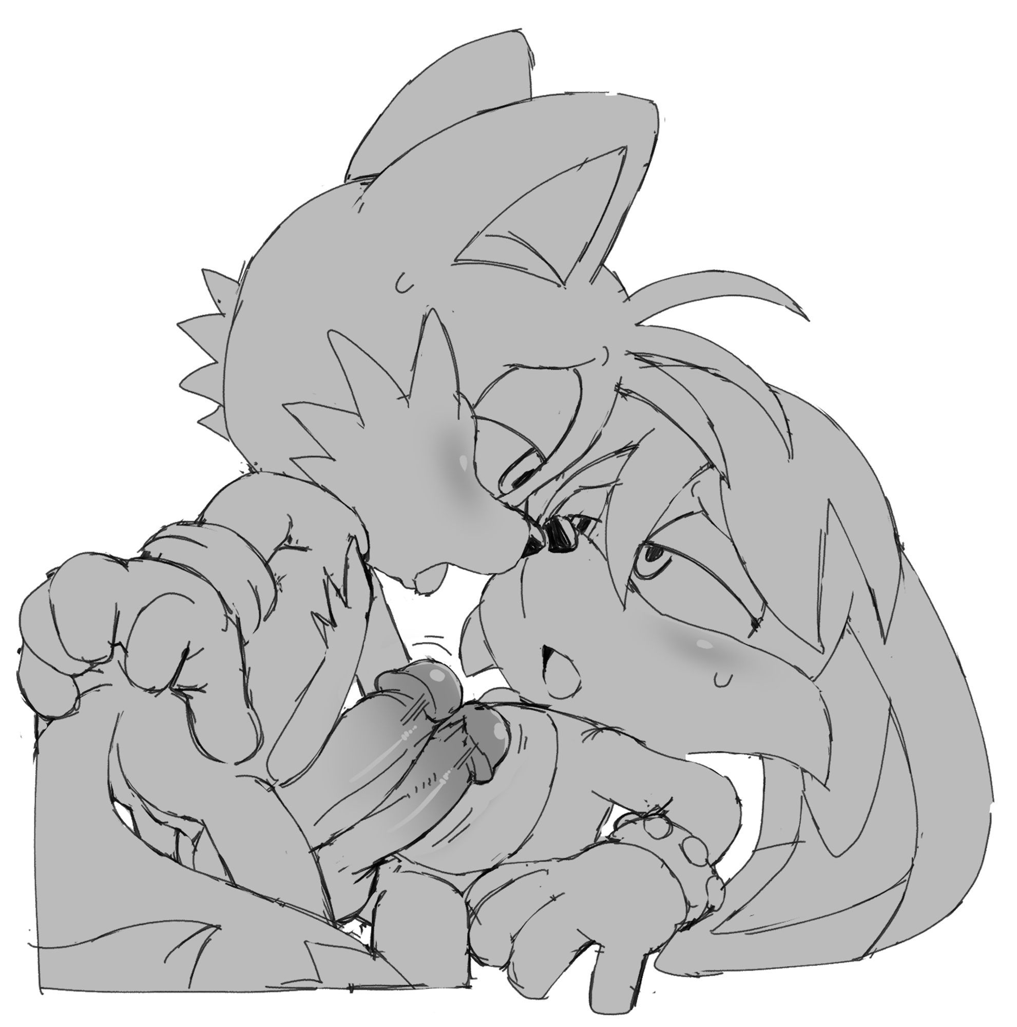 Tails and Kit frotting. Tails is on top and leaning in toward Kit, their faces close as they look into each other's eyes. End of description. Tags are #sonic #sonicart #commissions #artcommissions #furry #furryart