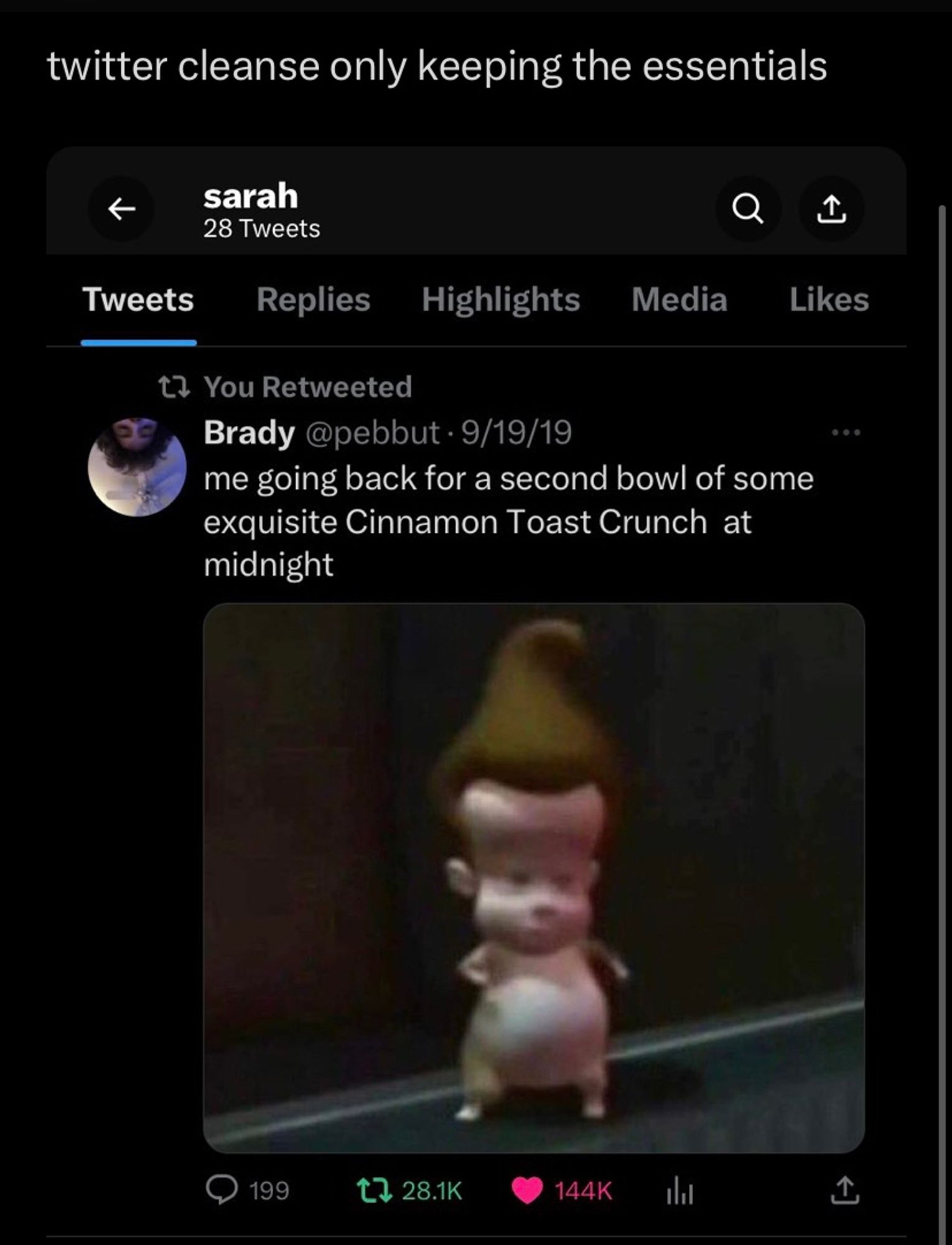 my last post, a screenshot of a tweet with a weird image of baby jimmy neutron captioned “me going back for a second bowl of some exquisite cinnamon toast crunch at midnight”