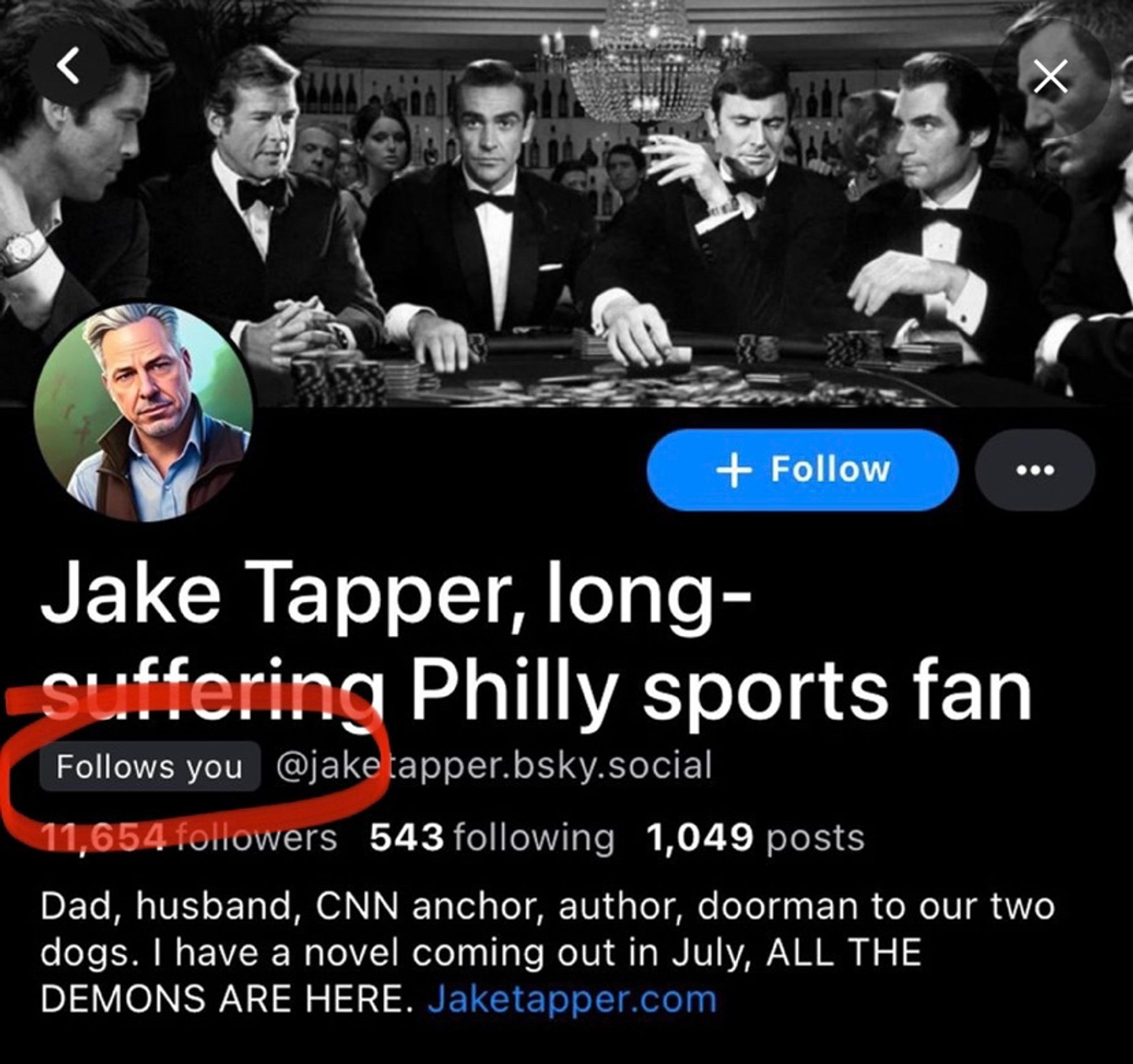 screenshot of jake tapper’s bluesky profile saying “follows you”