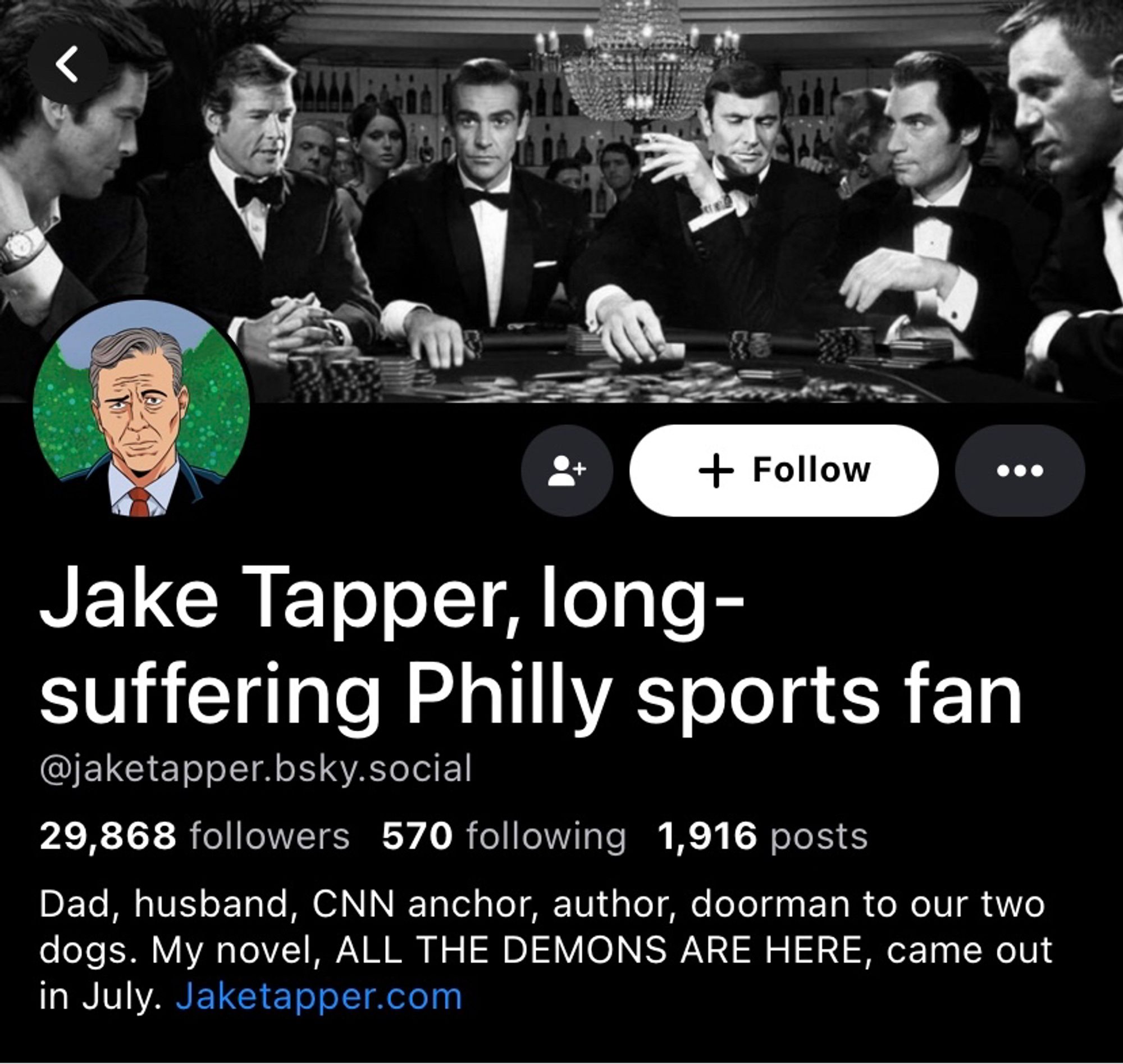 a screenshot of jake tapper’s bluesky profile that no longer says “follows you”