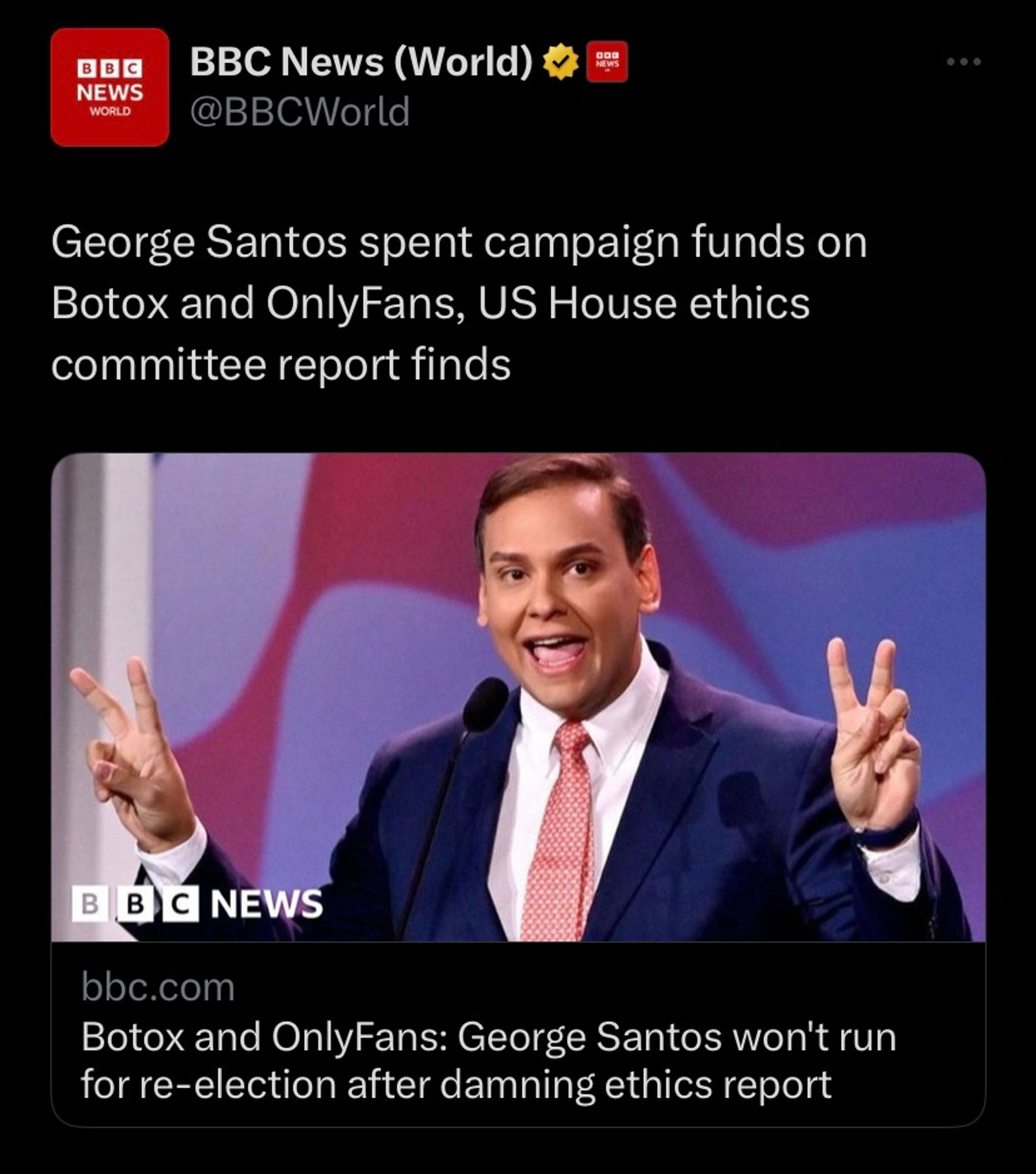 BBC Headline: George Santos spent campaign funds on Botox and OnlyFans, US House ethics committee report finds