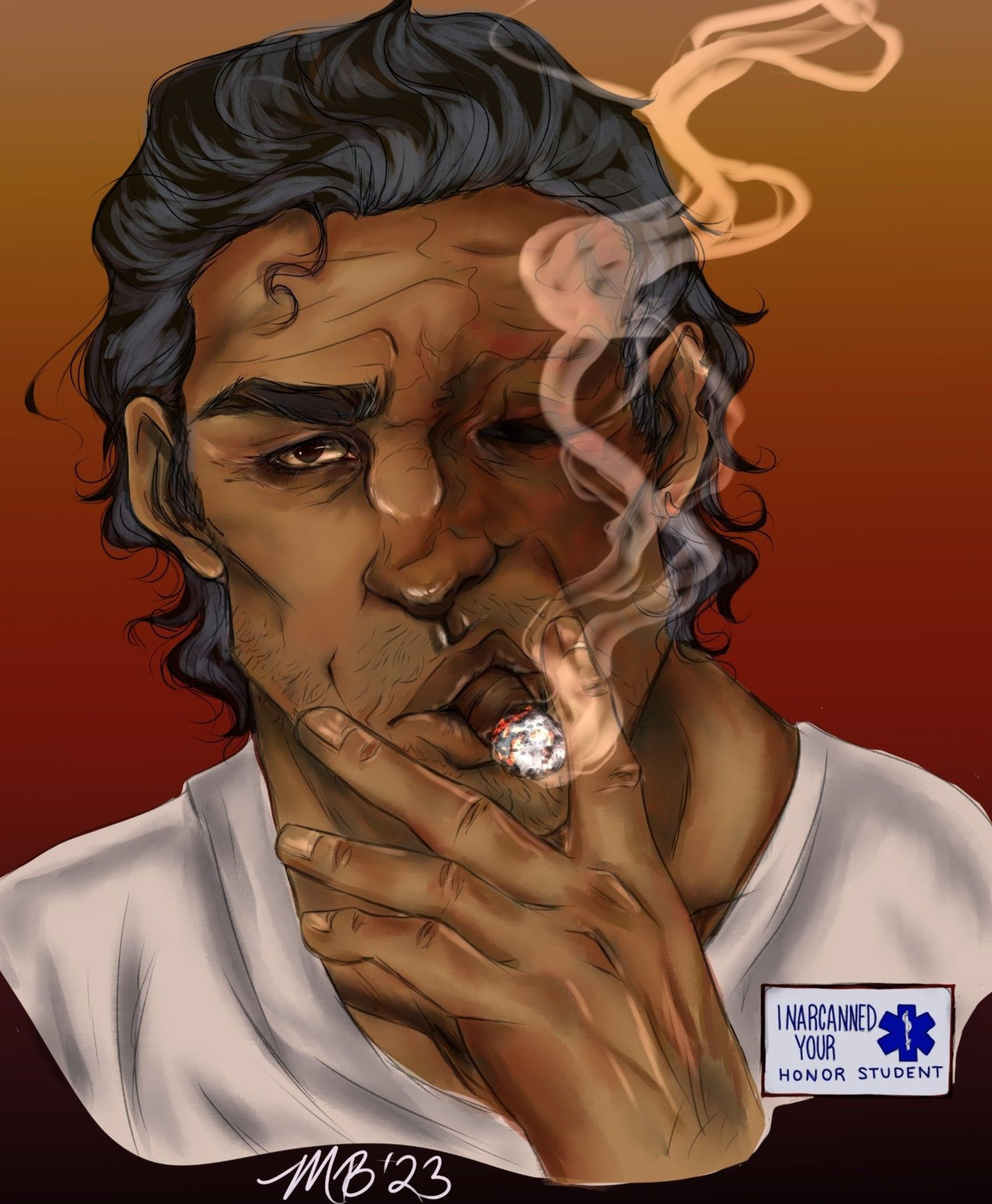 Digital art of a man with a burn scarred face smoking a cigar. He is missing an eye.