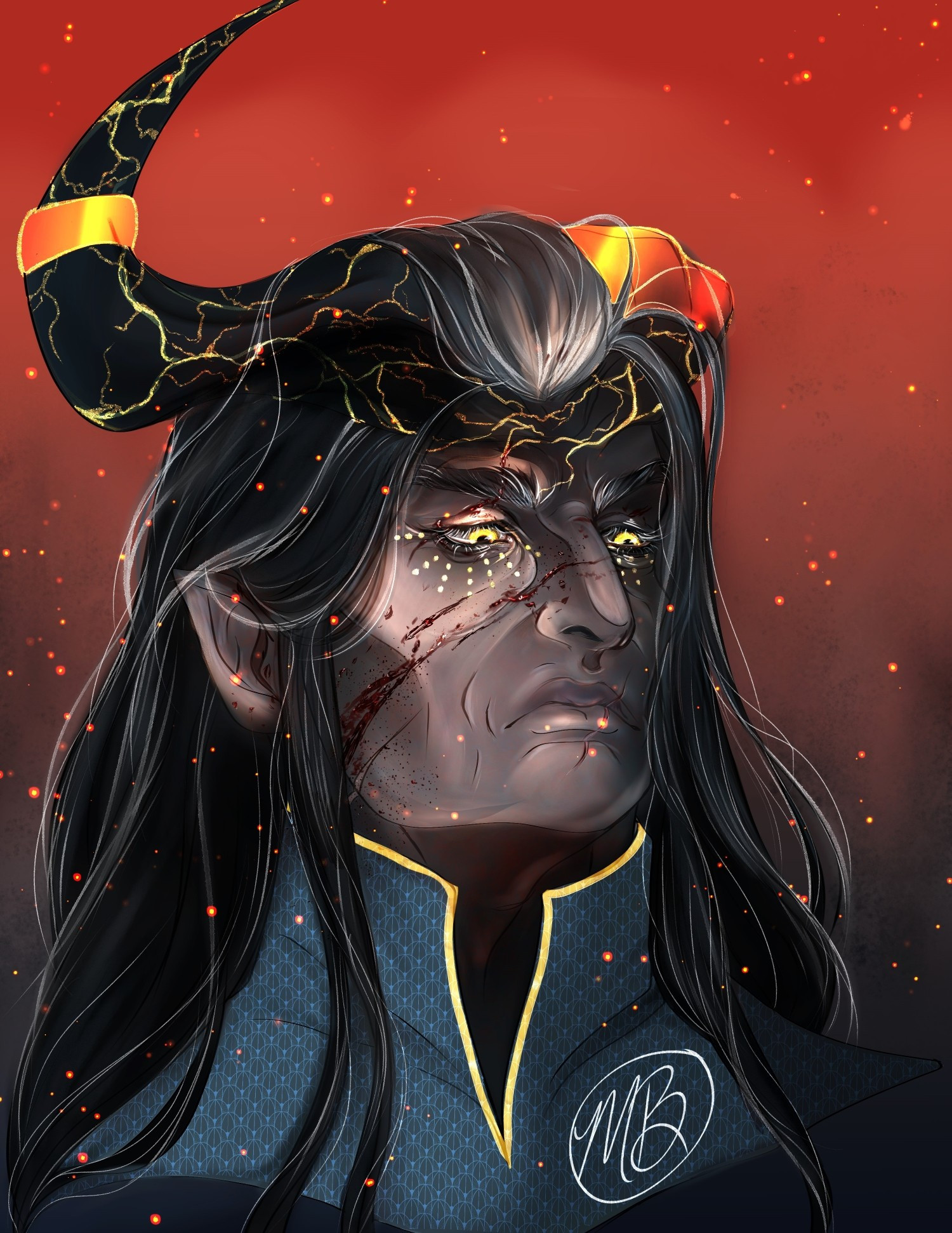 A digital portrait of a Dragon Age qunari looking sternly down at someone. He has white streaks in his hair and gold capping a broken horn and filling the cracks of his remaining horn. There is fresh blood on his face and glowing fire embers blowing around him.