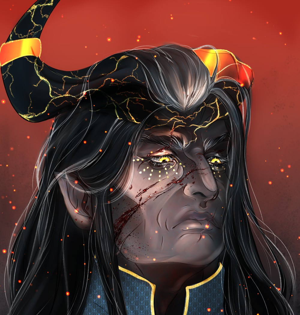 A digital portrait of a Dragon Age qunari looking sternly down at someone. He has white streaks in his hair and gold capping a broken horn and filling the cracks of his remaining horn. There is fresh blood on his face and glowing fire embers blowing around him.