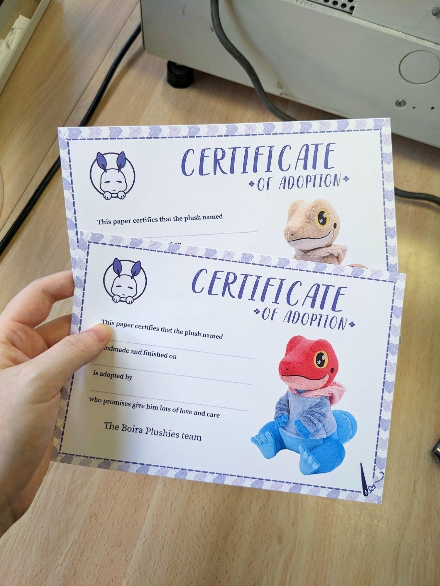 Custom adoption certificates for our handmade plushies