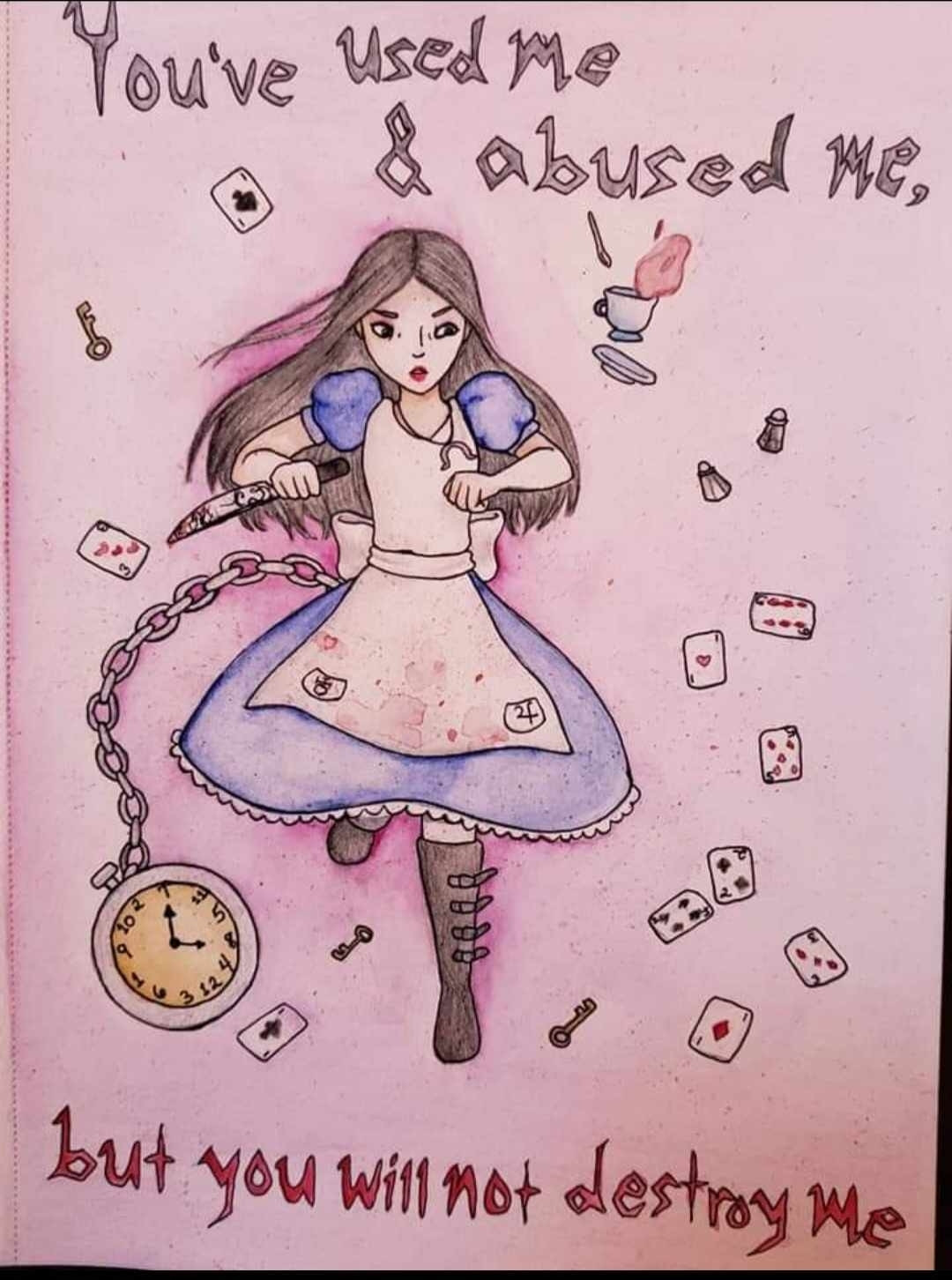 A watercolor drawing of the same character with similar themes and the same quote.