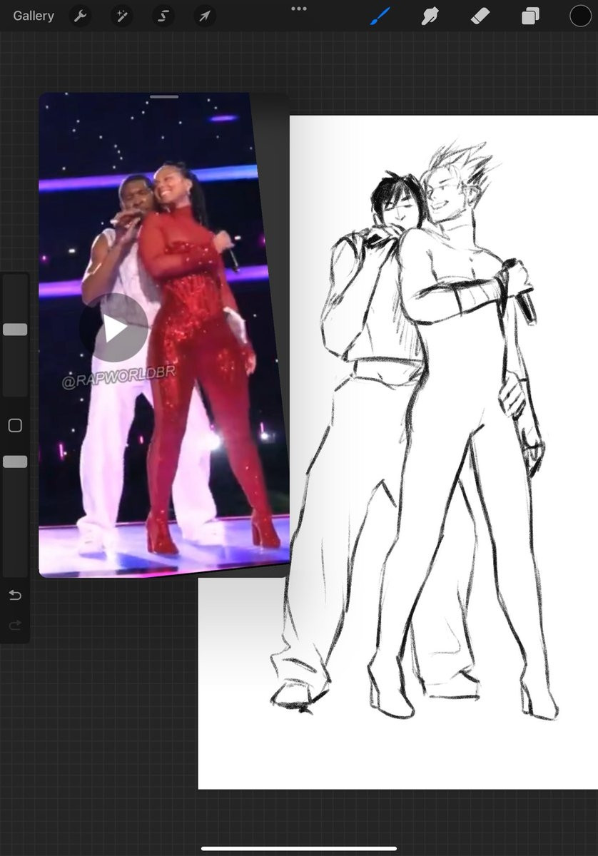 The sketch work in progress next to the reference image of Usher and Alicia Keys 