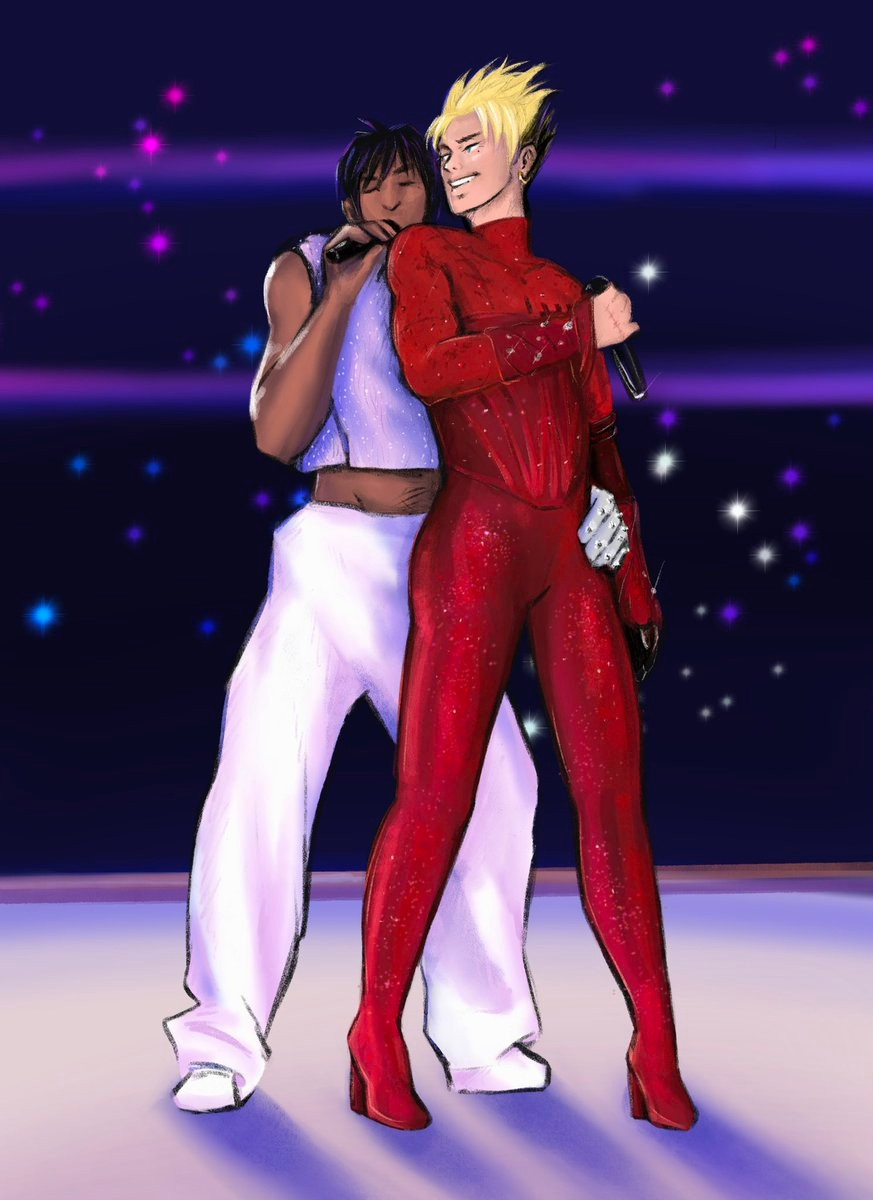 Vash and Wolfwood from Trigun reenacting Usher and Alicia Keys halftime duet from Superbowl LVIII in February 2024. Vash is wearing a shining red outfit stoned with crystals and Wolfwood is holding his hip from behind and singing into a cordless microphone. Vash is also hiding a mic, but is looking back at Wolfwood with a huge grin.