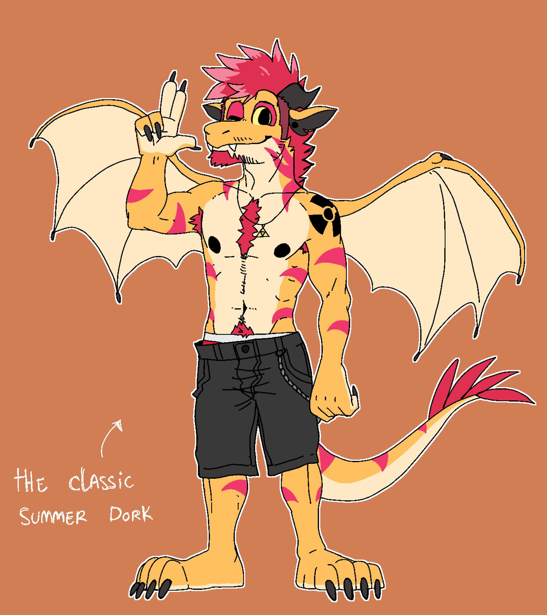 Same description as the alt text in the first image, except this version shows him wearing a loos pair of black shorts with a silver wallet chain.  He also has a triforce necklace. The classic summer dork look.