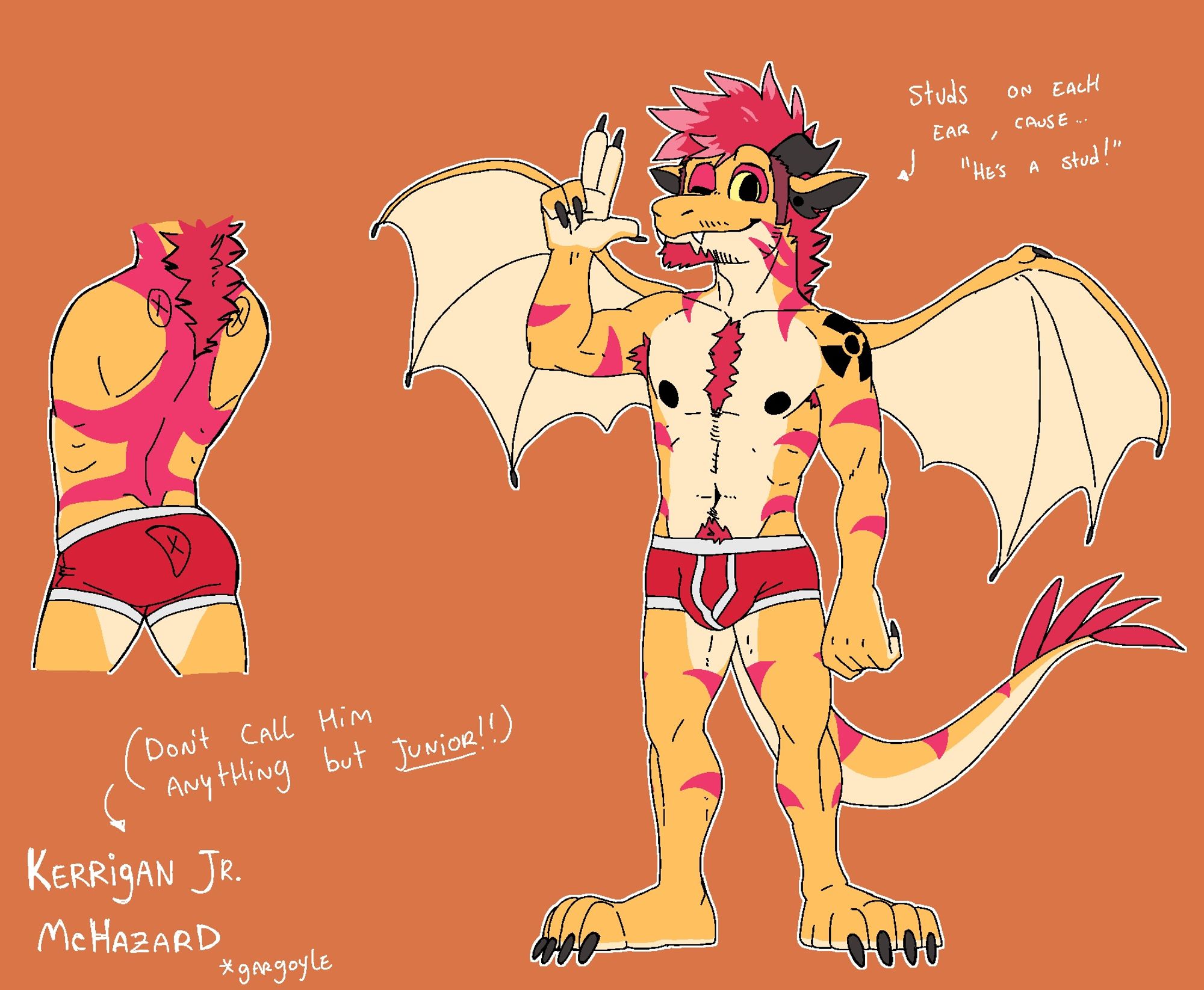 Reference sheet drawing depicting a front and back view of my youngest gargoyle fursona, Kerrigan McHazard Jr. (Junior). He is bright yellow with a red mohawk/goatee/body hair, pink stripes, soft yellow underbelly/wings, black nails/nipples/inner ears/horns. His mohawk is pink at the tips. A radiation hazard symbol is tattooed on his left shoulder in black. He is wearing only bright red briefs with white trim and has round stud earrings. His eyes are yellow and his pupils black, and he has naturally red eyelids. He is winking with a fanged smile and waving at the viewer with two fingers. Don’t call him anything but JUNIOR!!