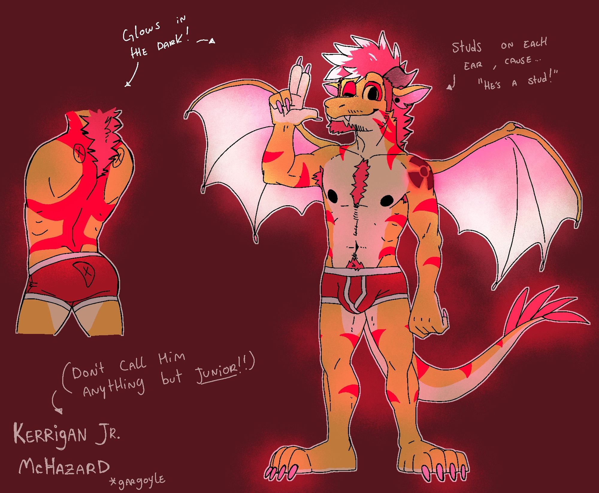 Same description as previous alt text, except this version depicts how Junior glows red, white, and pink in the dark. His hair glows hot pink with white highlights at the mohawk tips, his inner ears glow pink, his wings glow with a gradient from pink to white along the tips, his claws glow pink, and his stripes glow bright red.