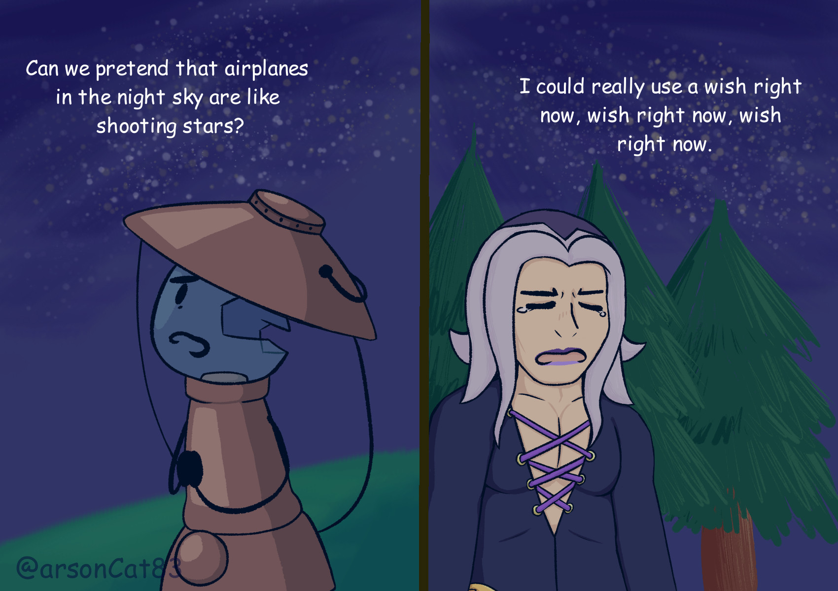 a two-panel comic featuring Airy from ONE and Leone Abbacchio from Jojo's Bizarre Adventure, parodying the Mordetwi Airplanes comic. In the left panel is Airy, who's standing in a field with his hands clasped together, saying, "Can we pretend that airplanes in the night sky are like shooting stars?". In the right panel is Abbacchio, who's in a pine forest. His eyes are closed and he is crying while saying, "I could really use a wish right now, wish right now, wish right now."