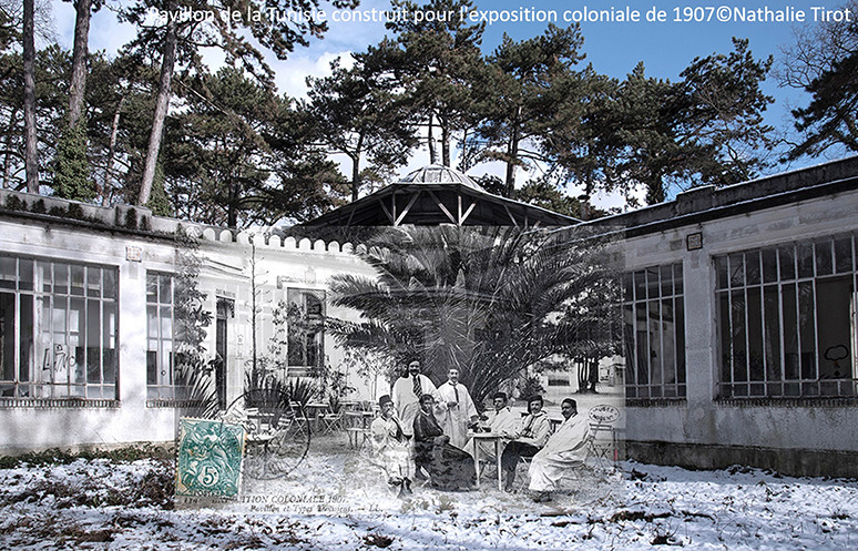 Pavillon de la Tunisie construit pour l'exposition coloniale de 1907. Sources : Carte postale du CIRAD - © Photo Nathalie Tirot.