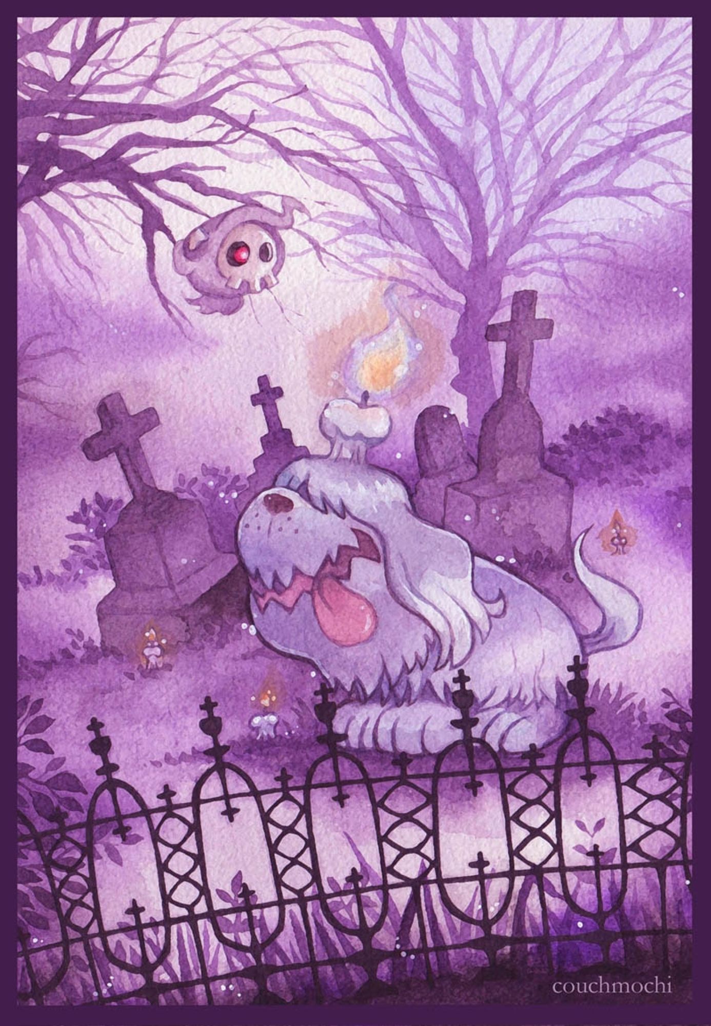 Greavard the dog pokemon watching over a graveyard. The whole picture is in spooky purple colours and shades. Tombstones and crosses in the background and leafless trees. A black ornamental fence in the foreground.